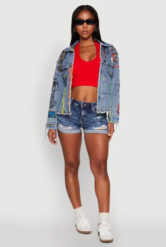 Daisy Studded Graffiti Print Denim Jacket sold by Rainbow