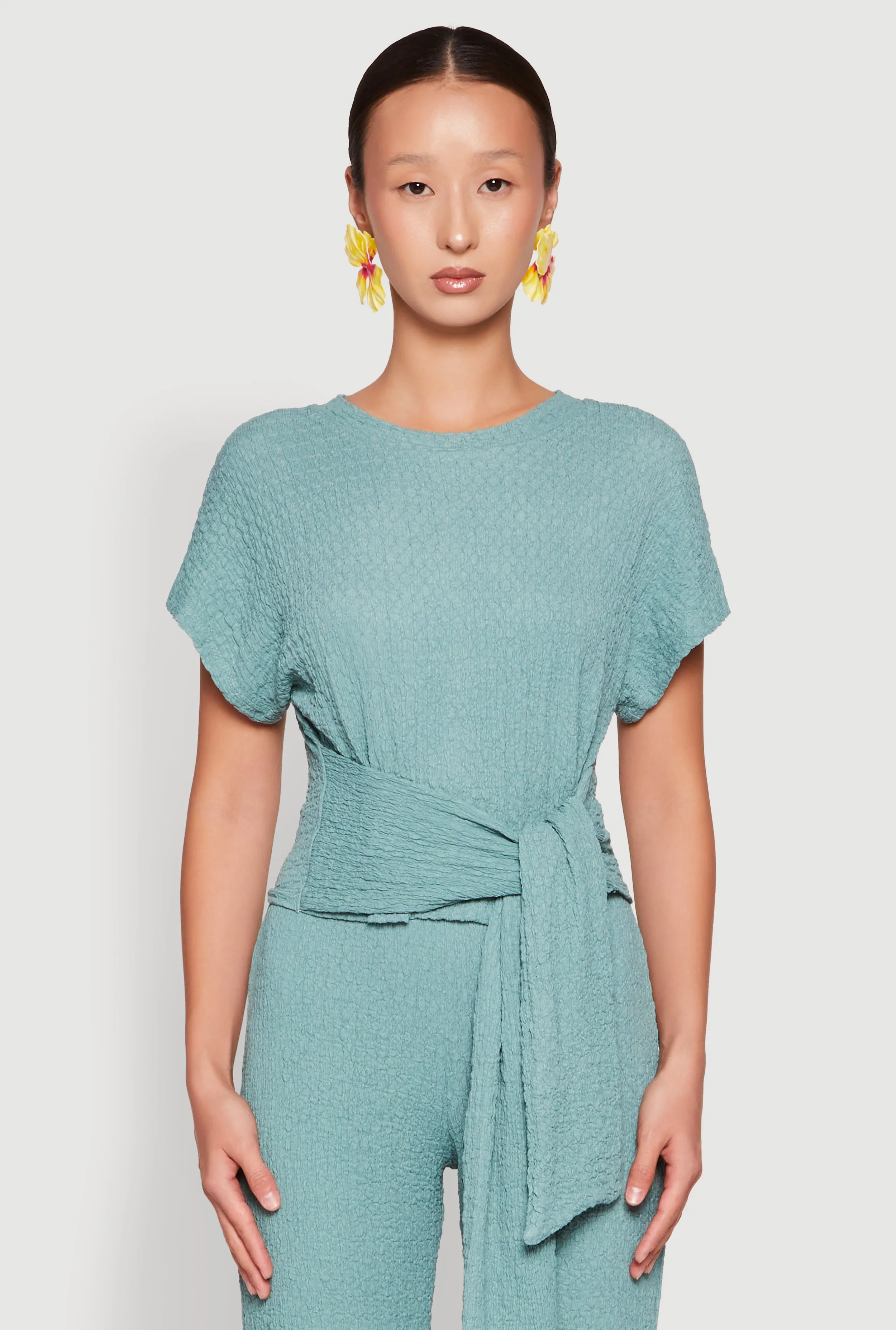 Tie Front Textured Knit Top sold by Rainbow