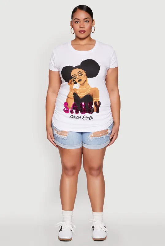 Plus Size Sequin Sassy Since Birth Graphic Top sold by Rainbow