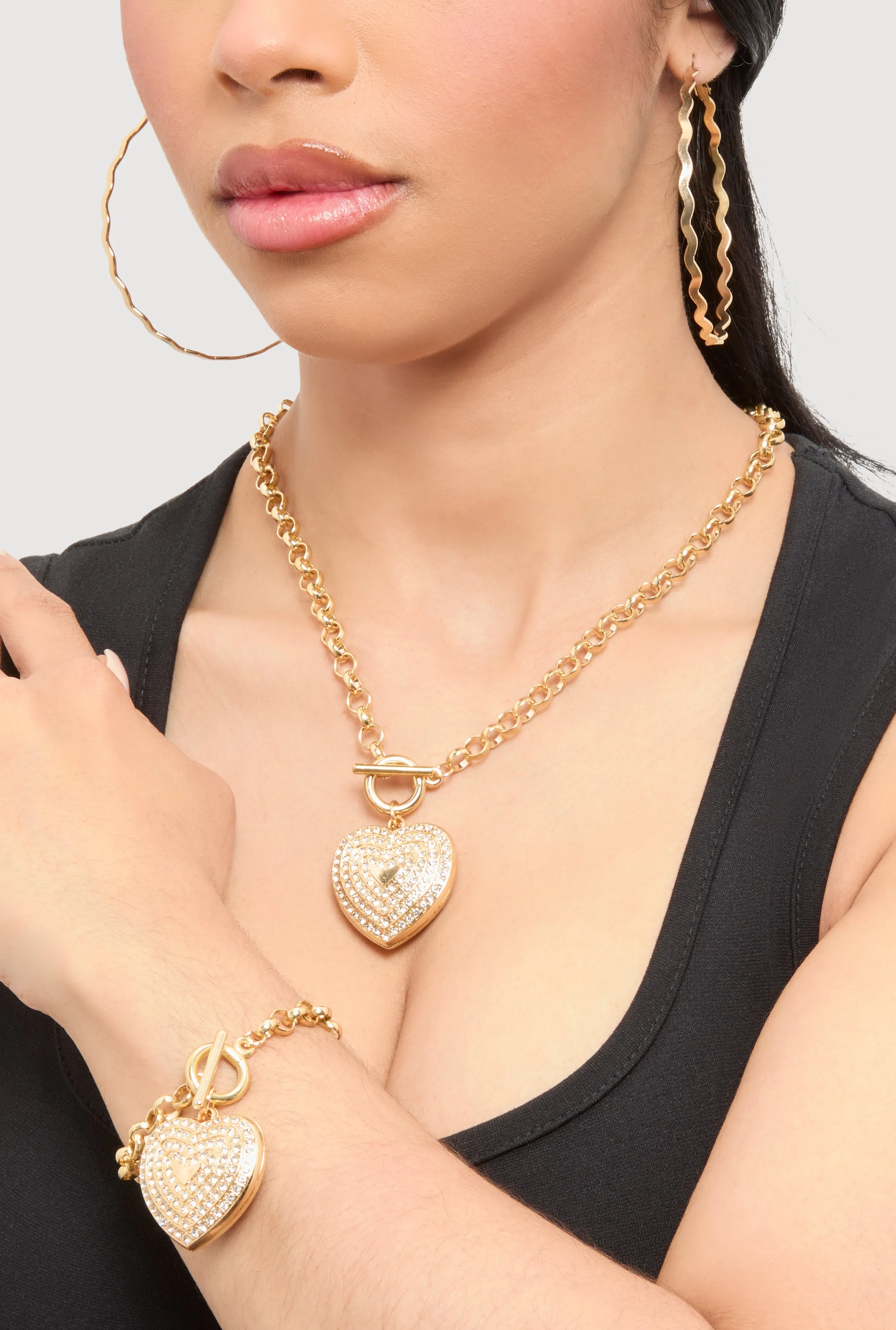 Heart Toggle Necklace and Bracelet with Hoop Earring Trio sold by Rainbow product image thumbnail 2