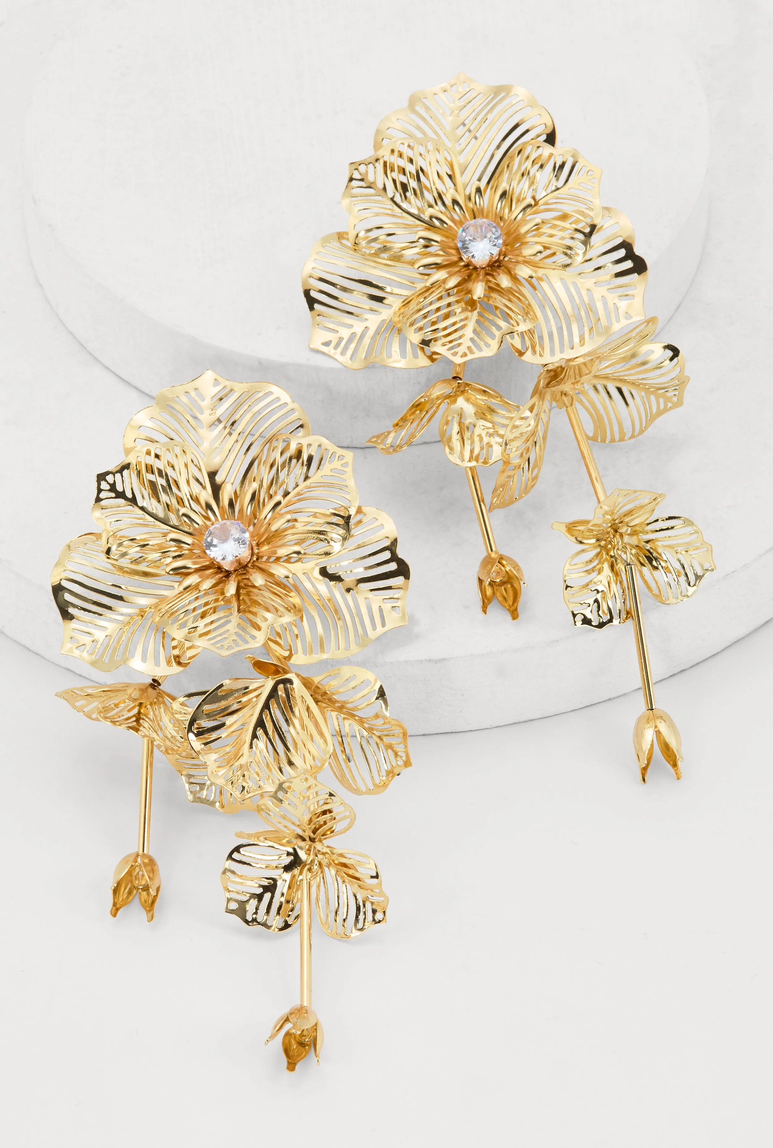 Floral Cubic Zirconia Studded Drop Earrings sold by Rainbow