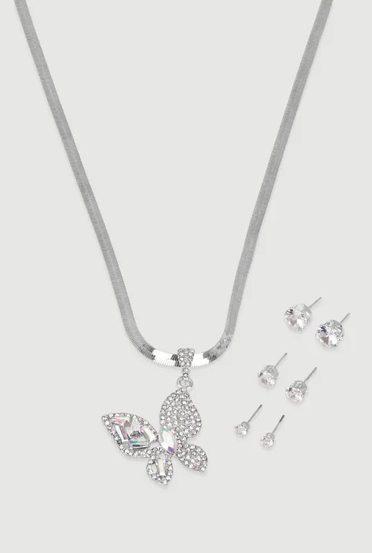 Cubic Zirconia Butterfly Necklace and Stud Earrings sold by Rainbow