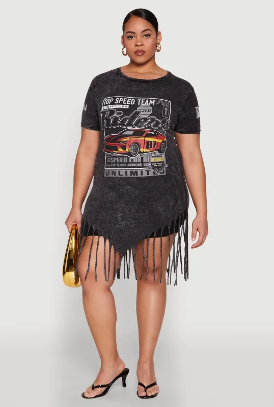 Plus Size Mineral Wash Riders Graphic Fringe T Shirt Dress sold by Rainbow