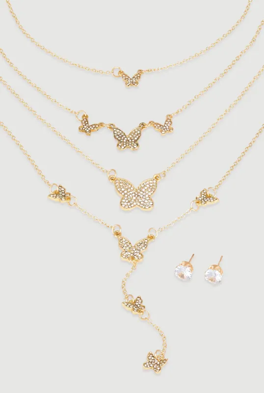 Cubic Zirconia Layered Butterfly Necklace and Stud Earrings sold by Rainbow