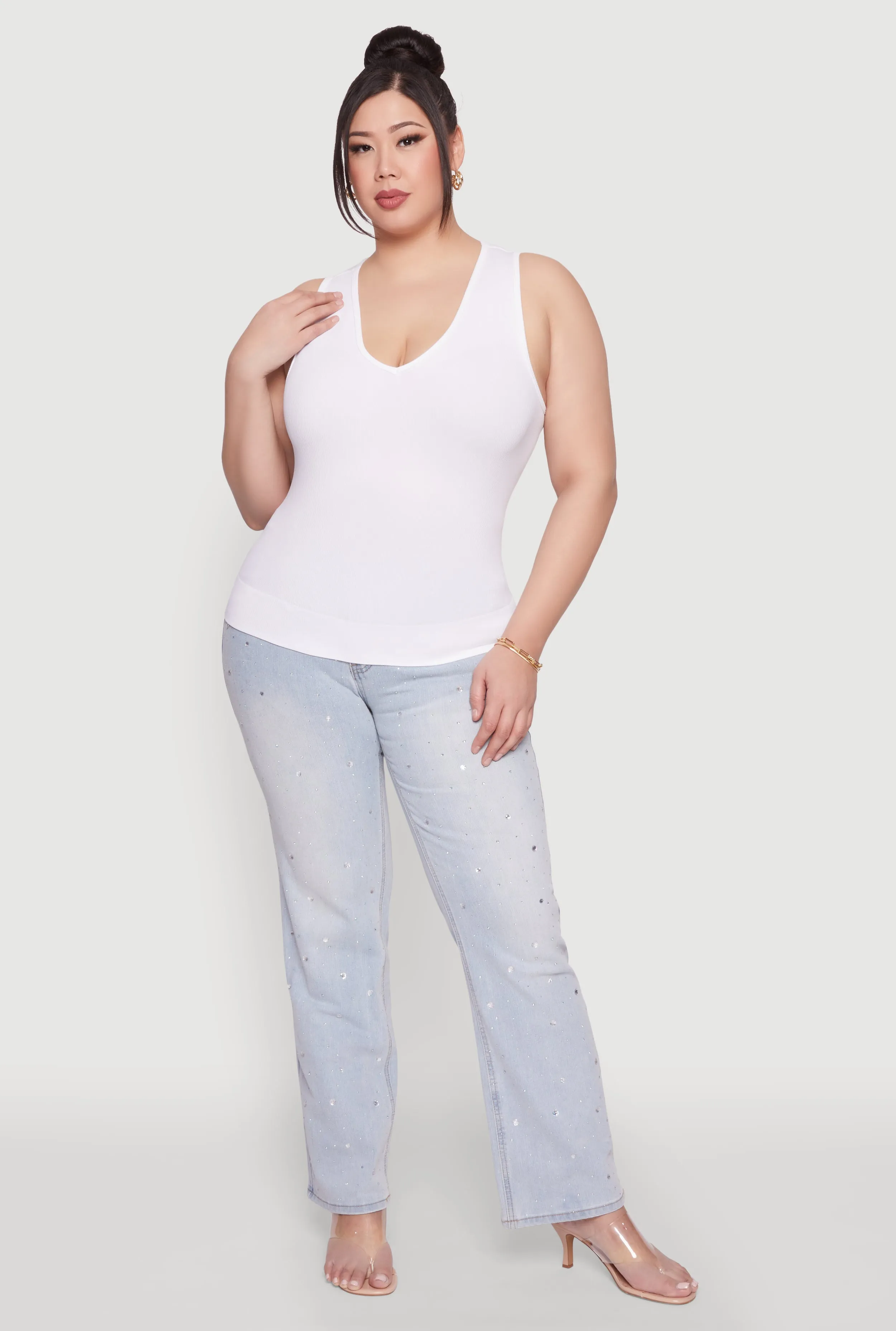 Plus Size Seamless V Neck Rib Knit Top sold by Rainbow