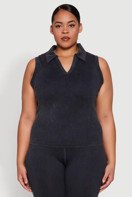 Plus Size Mineral Wash Ribbed Knit Johnny Collar Top sold by Rainbow