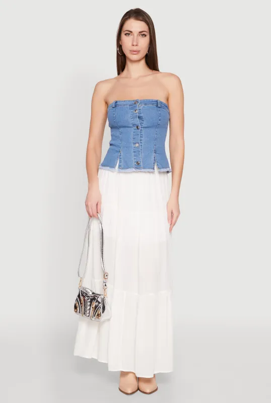 Frayed Split Hem Denim Tube Top sold by Rainbow