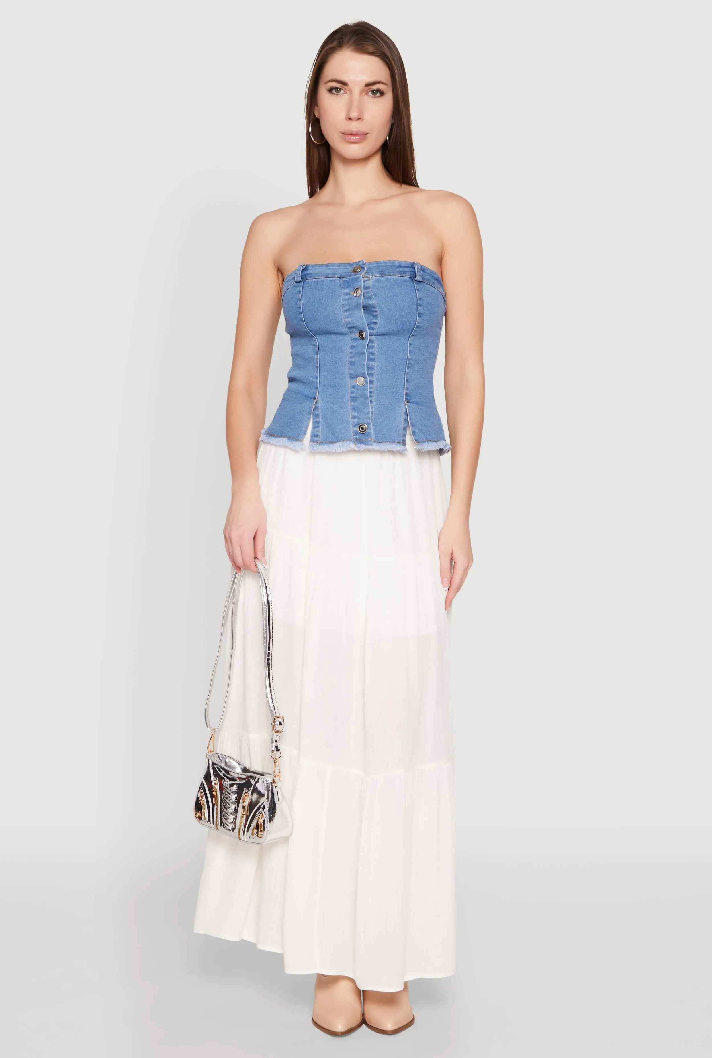 Frayed Split Hem Denim Tube Top sold by Rainbow