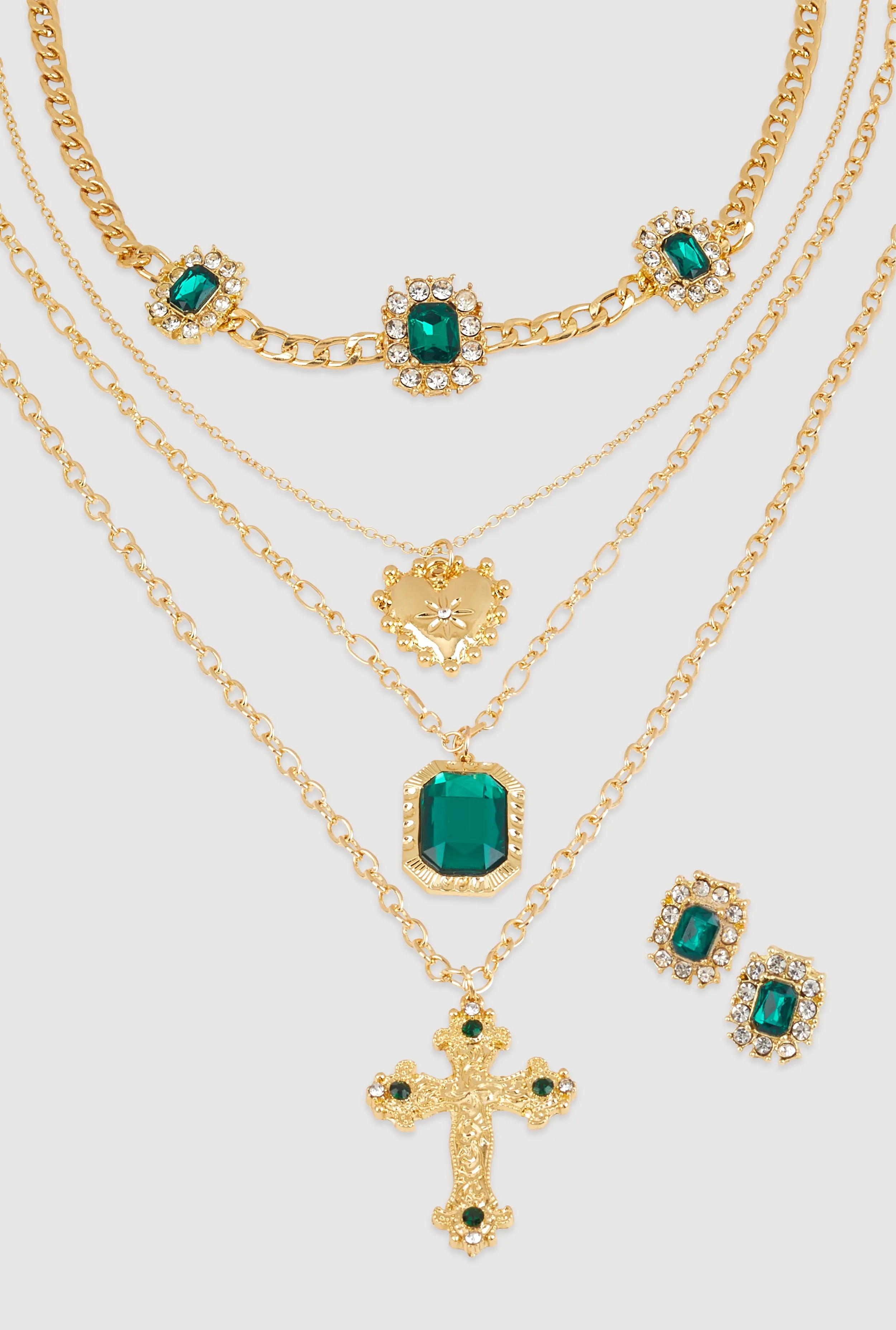 Cubic Zirconia Cross Layered Necklace and Stud Earrings sold by Rainbow