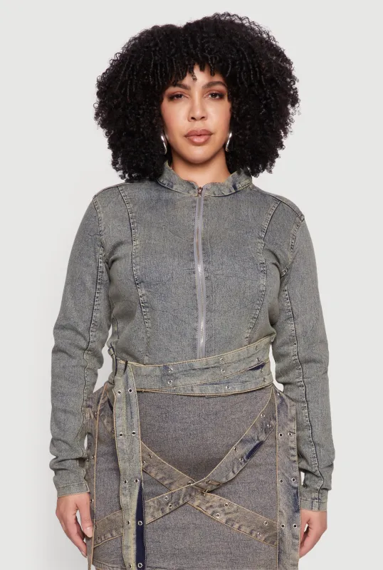 Plus Size Mineral Wash Buckle Strap Jean Jacket sold by Rainbow