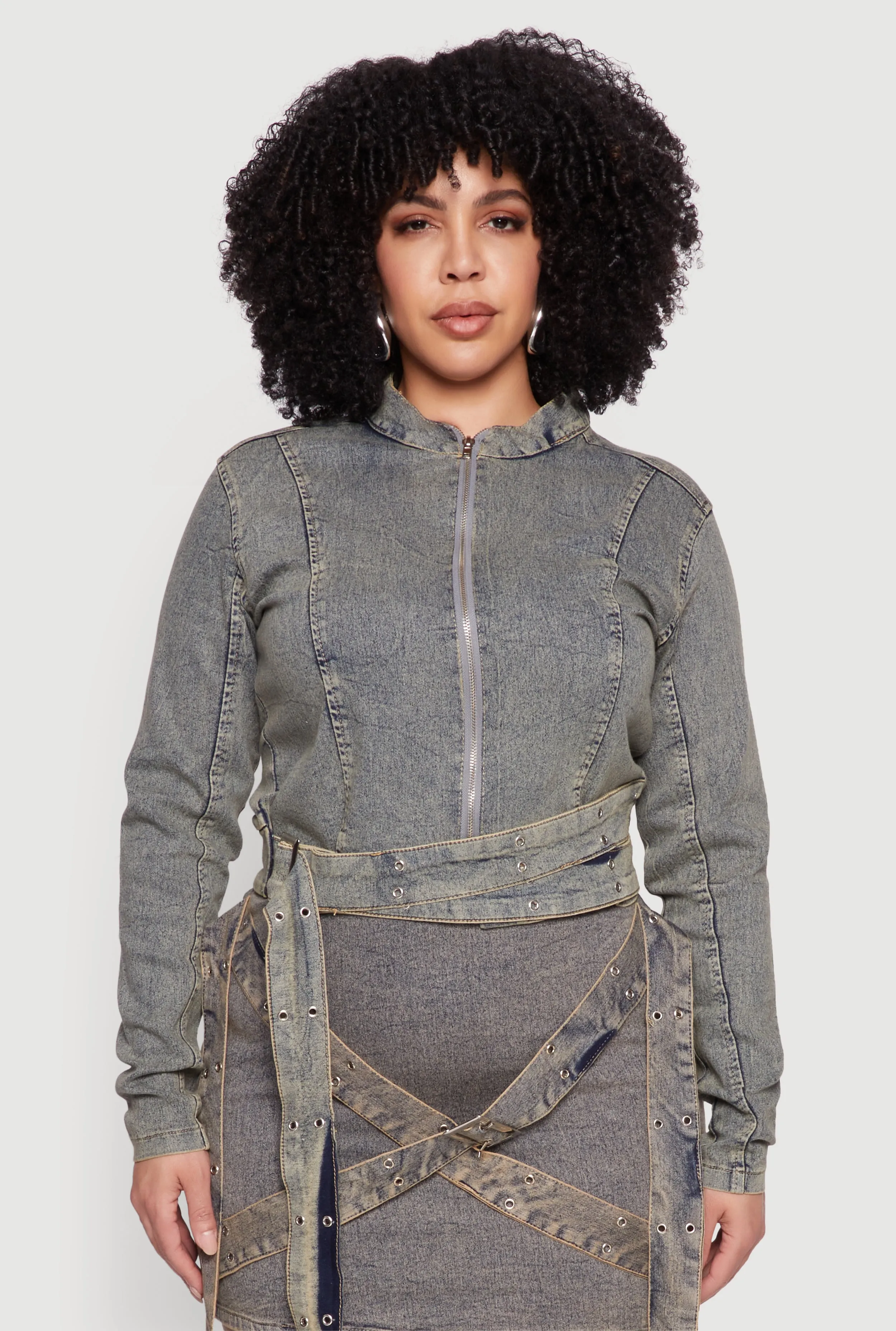 Plus Size Mineral Wash Buckle Strap Jean Jacket sold by Rainbow