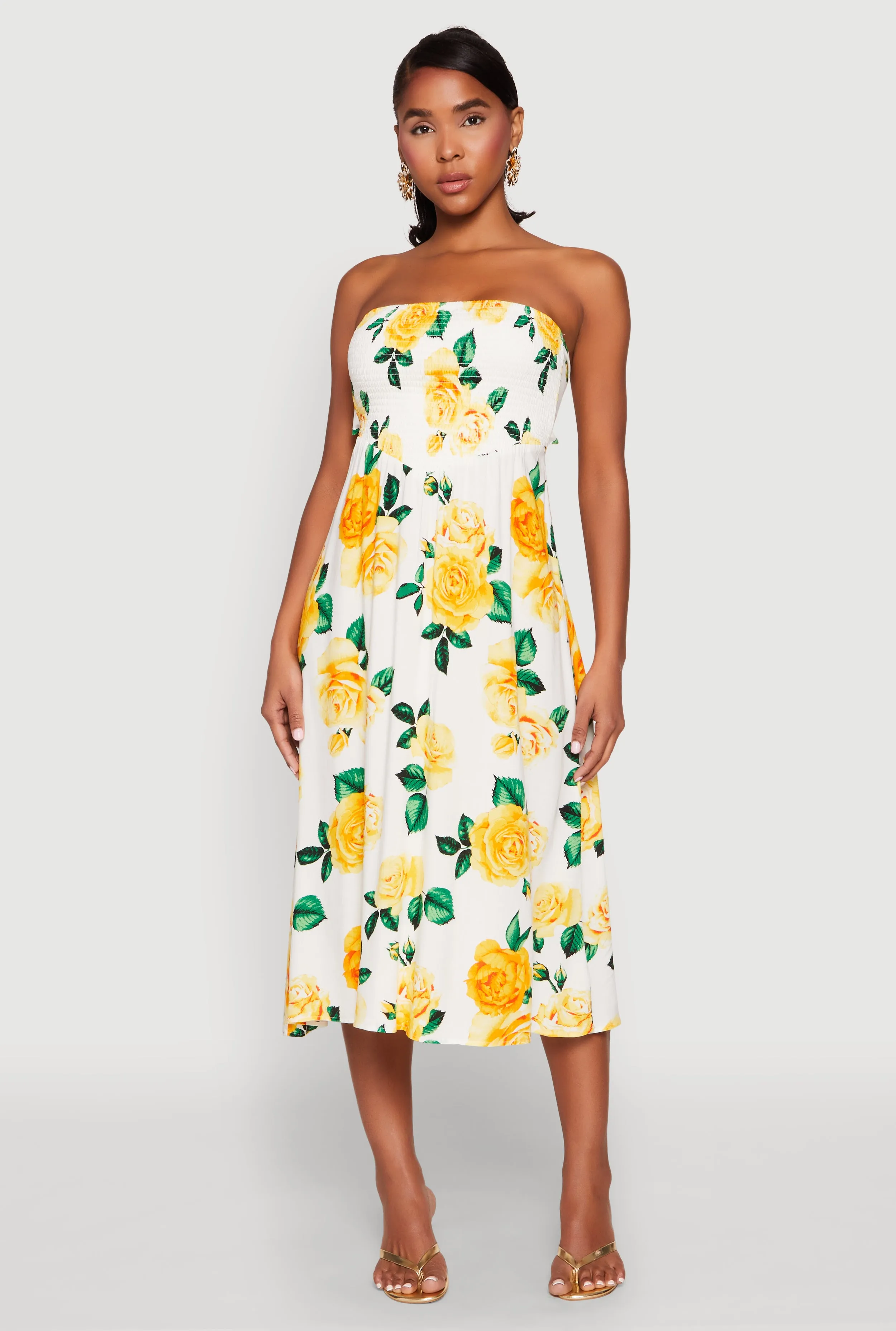Almost Famous Floral Print Smocked Midi Dress sold by Rainbow