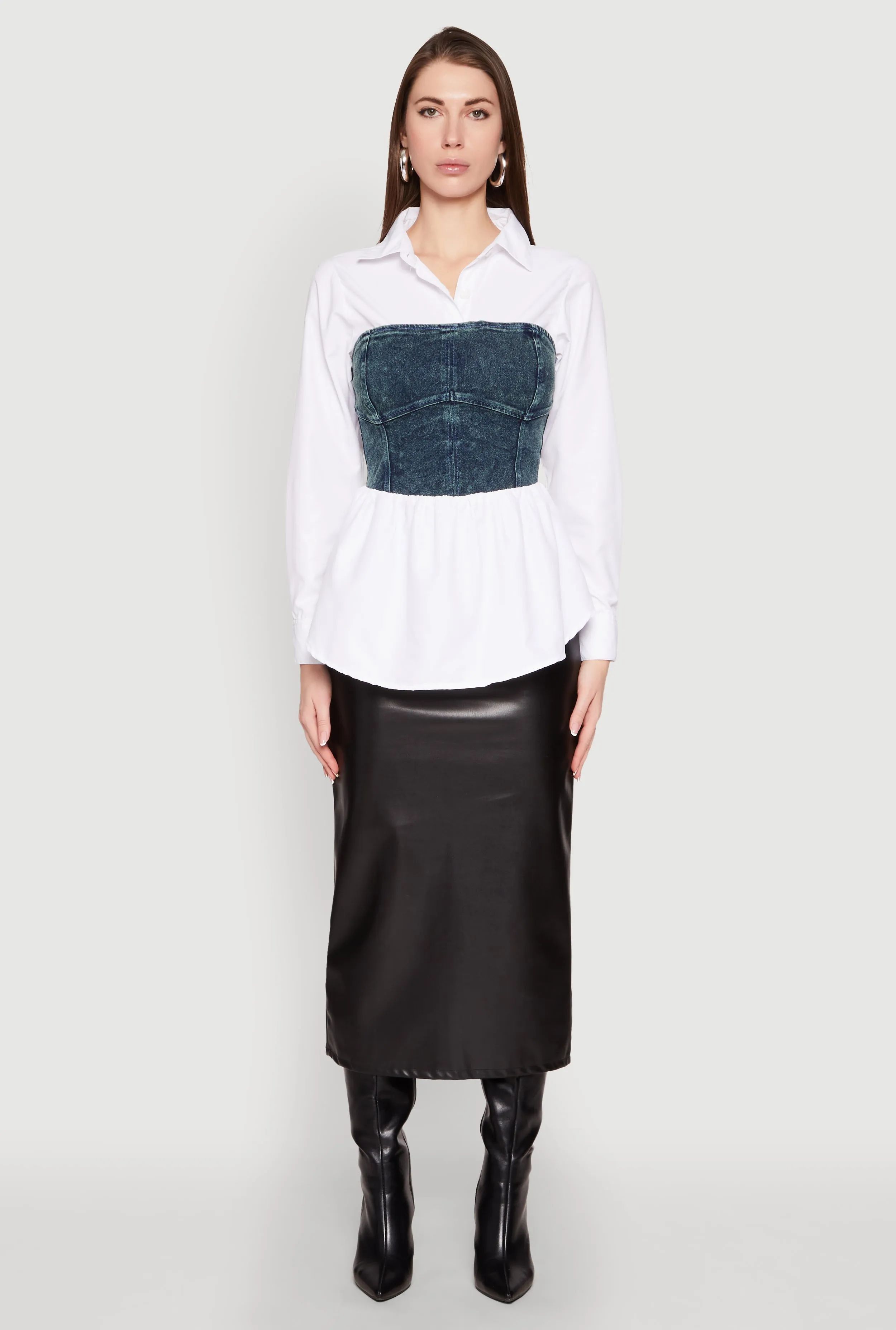 Denim Corset Detail Poplin Shirt sold by Rainbow