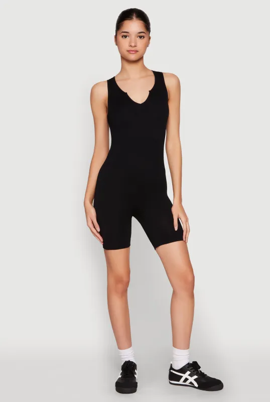 Ribbed Knit Notch Neck Romper sold by Rainbow