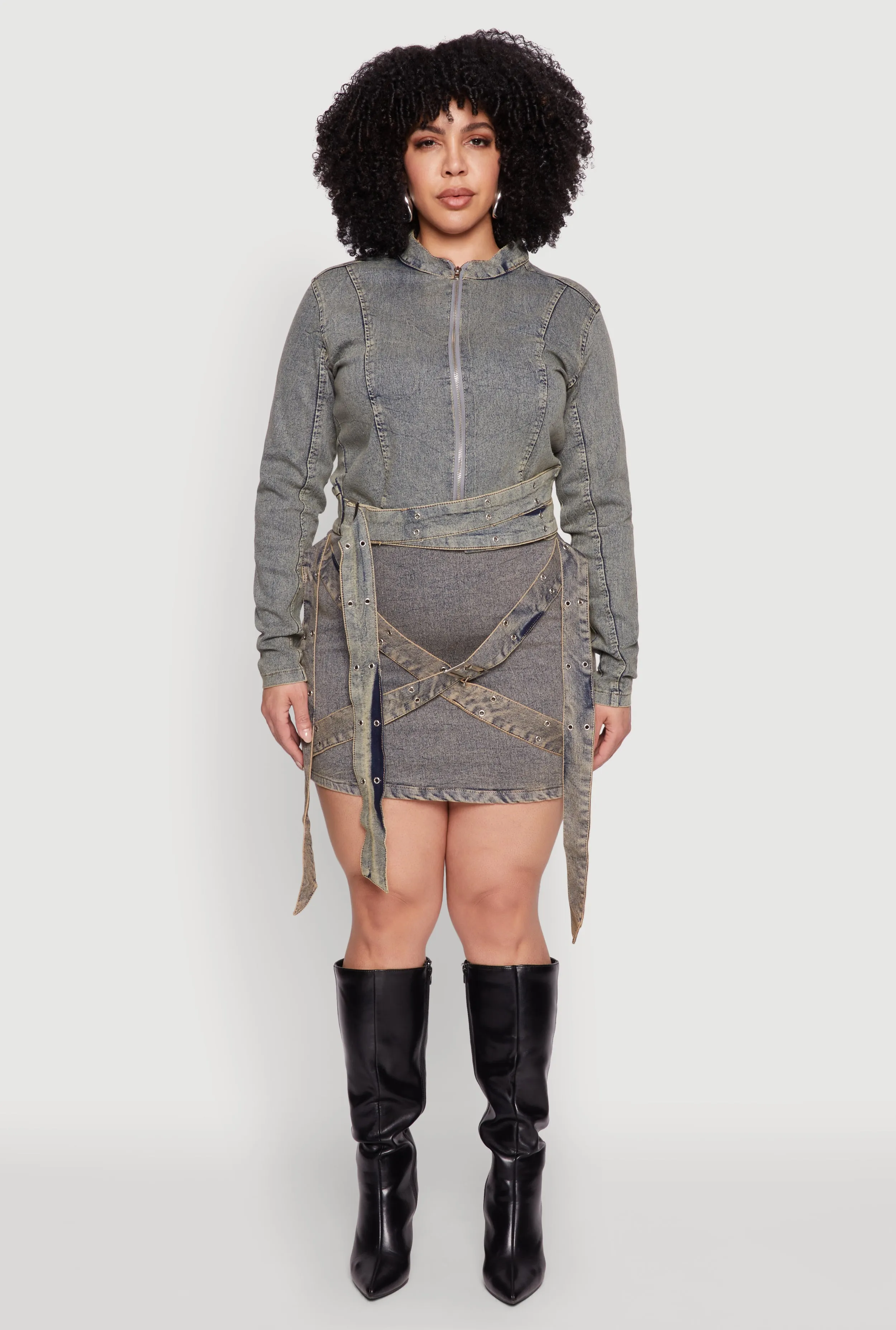 Plus Size Mineral Wash Buckle Strap Mini Skirt sold by Rainbow