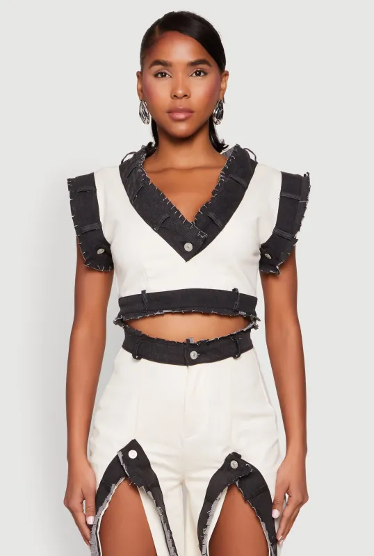 Contrast Trim Denim Crop Top sold by Rainbow