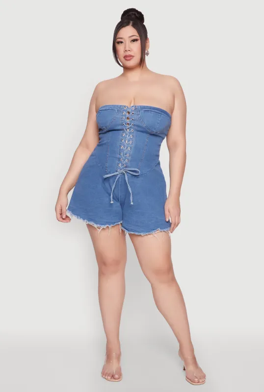 Plus Size Daisy Strapless Lace Up Denim Romper sold by Rainbow