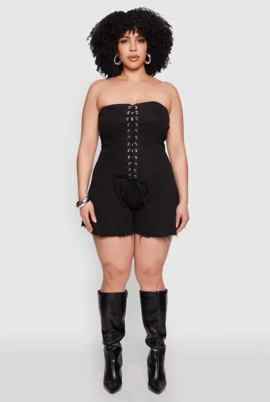 Plus Size Daisy Strapless Lace Up Denim Romper sold by Rainbow
