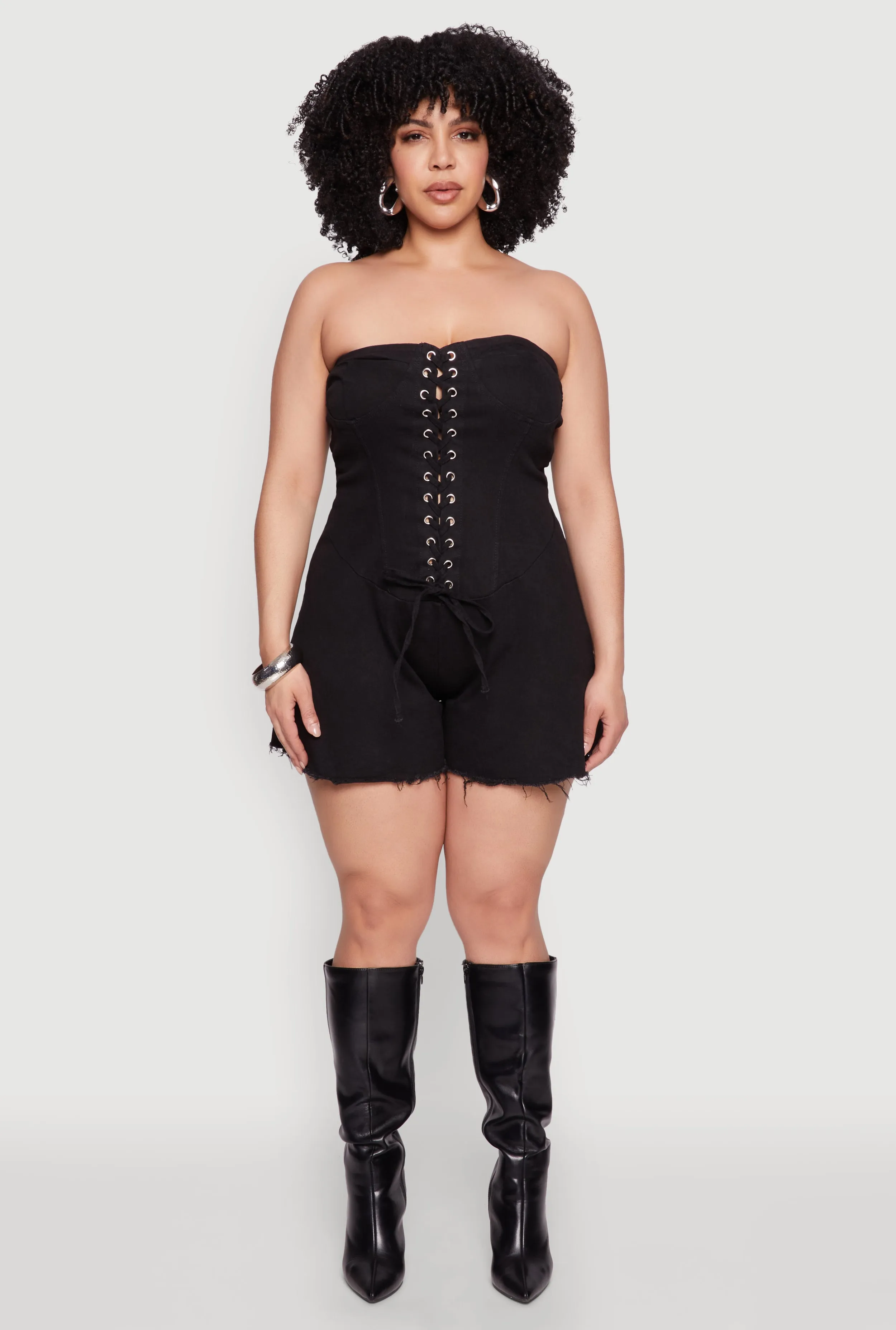 Plus Size Daisy Strapless Lace Up Denim Romper sold by Rainbow