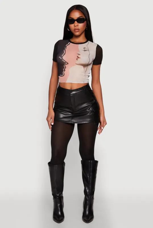 Face Graphic Print Mesh Crop Top sold by Rainbow