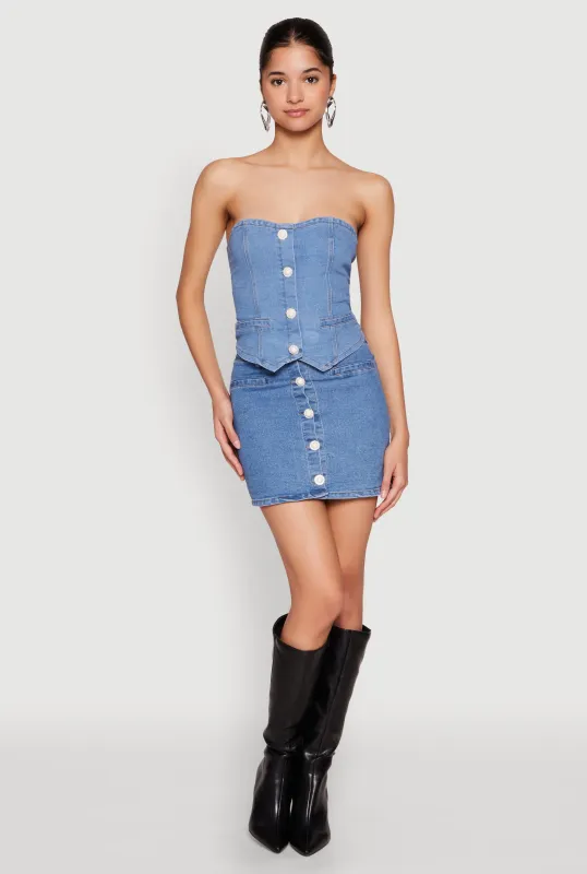 Faux Pearl Button Front Denim Skirt sold by Rainbow