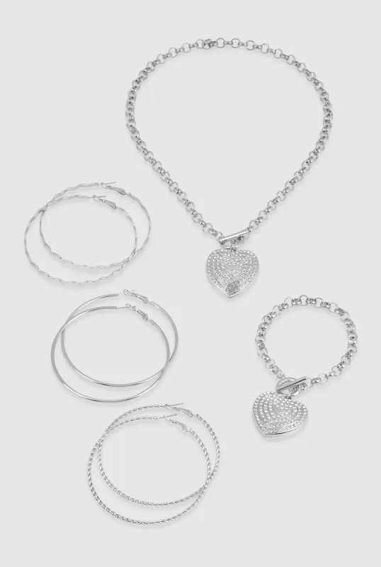 Heart Toggle Necklace and Bracelet with Hoop Earring Trio sold by Rainbow