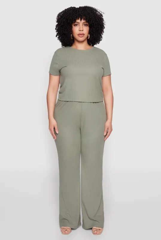 Plus Size Rib Knit Wide Leg Pants sold by Rainbow