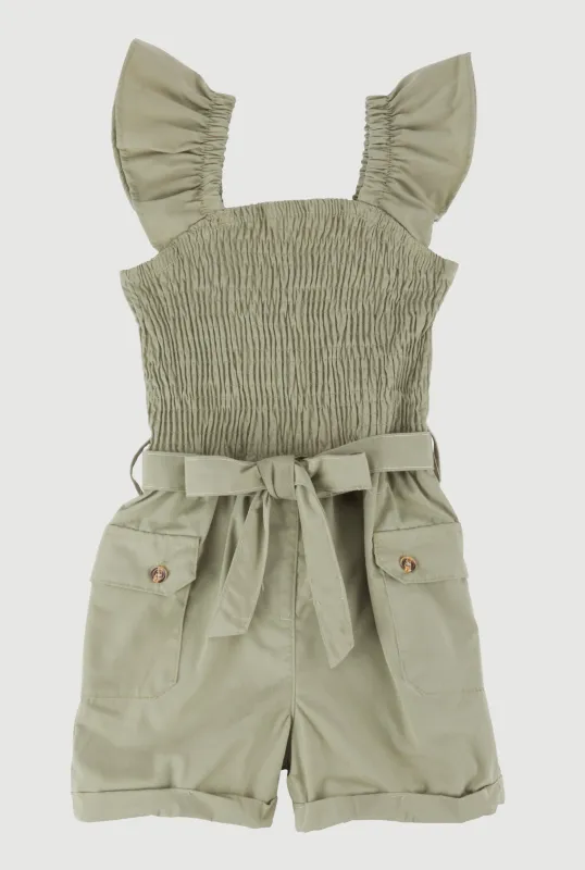 Little Girls Smocked Cargo Pocket Romper sold by Rainbow