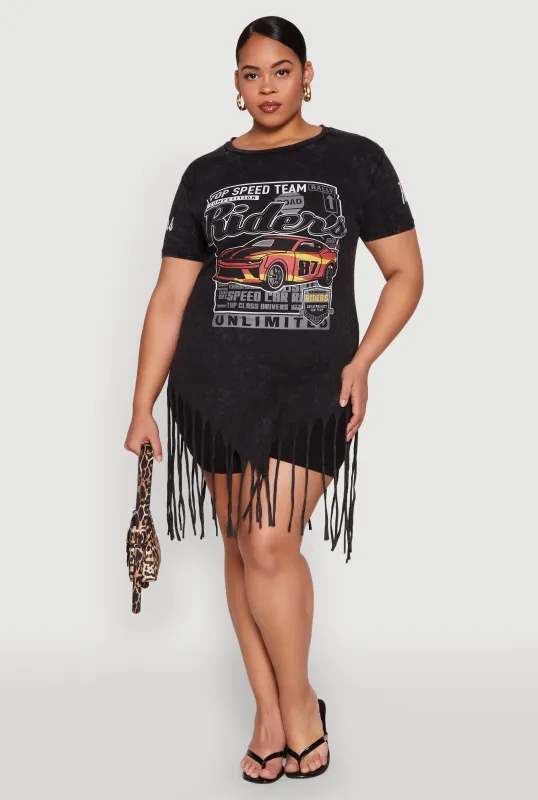 Plus Size Mineral Wash Riders Graphic Fringe Dress sold by Rainbow