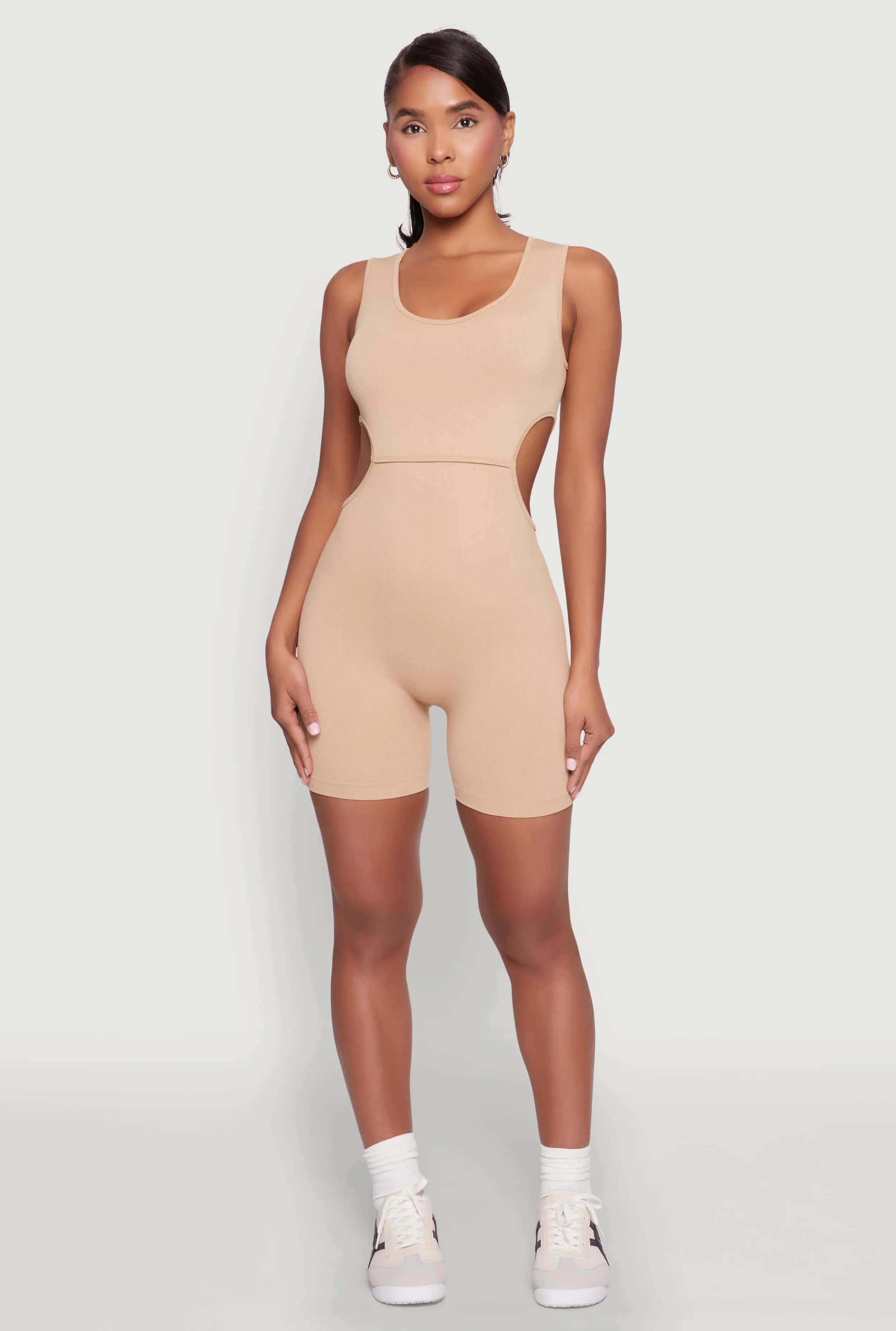 Ribbed Cut Out Side Biker Romper sold by Rainbow