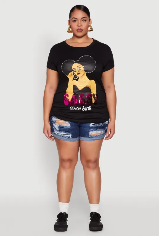 Plus Size Sequin Sassy Since Birth Graphic Top sold by Rainbow