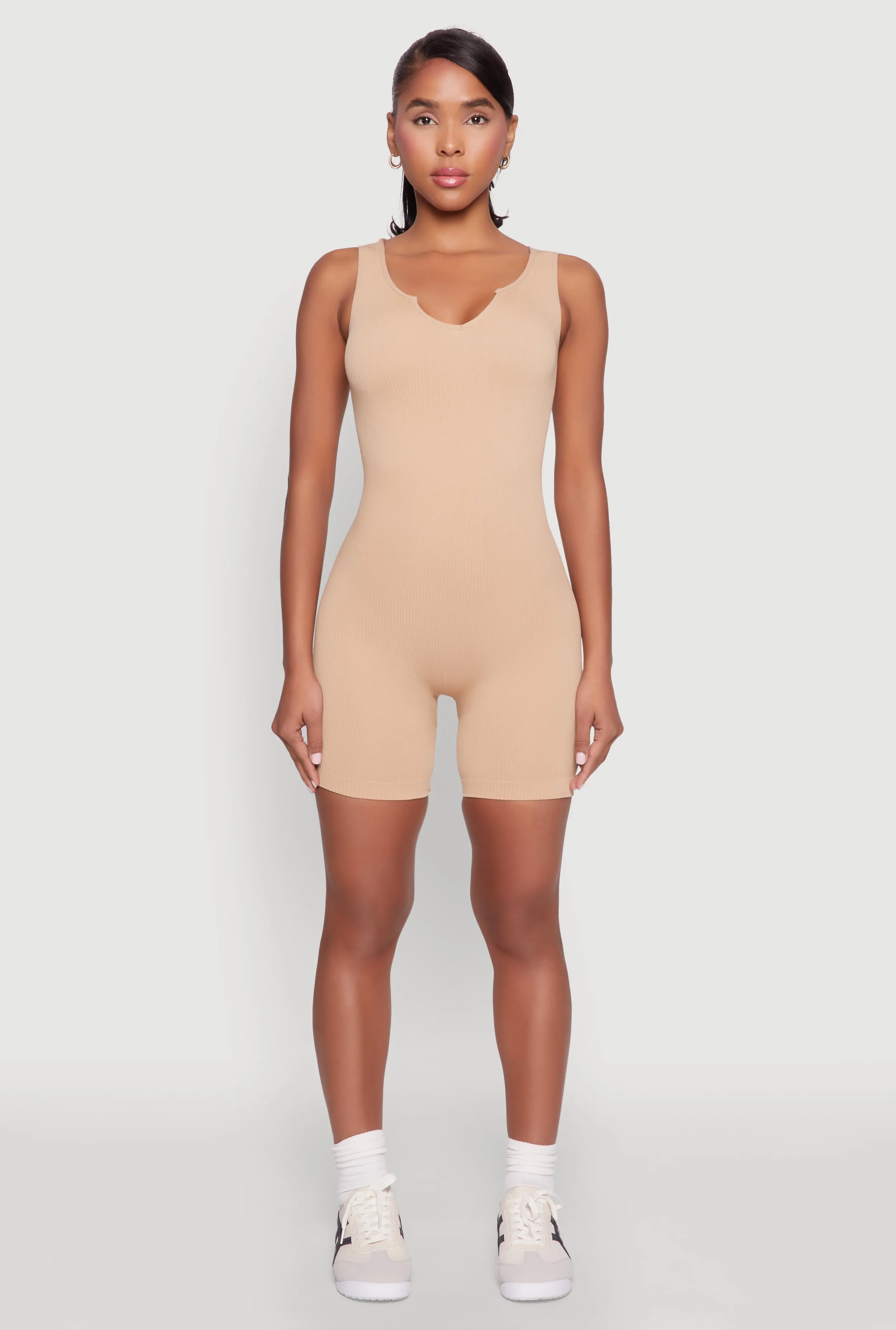 Ribbed Knit Notch Neck Romper sold by Rainbow