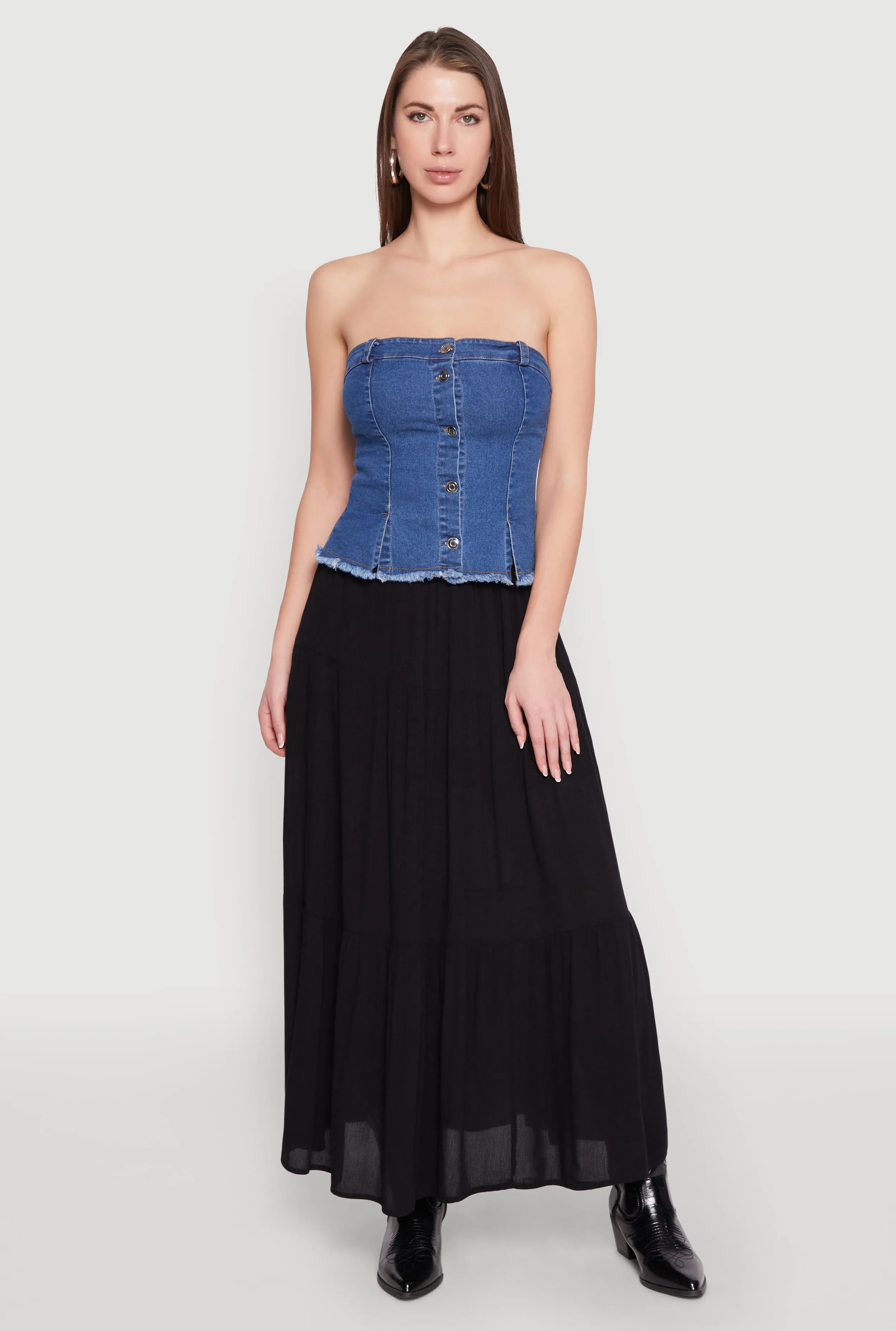 Frayed Split Hem Denim Tube Top sold by Rainbow