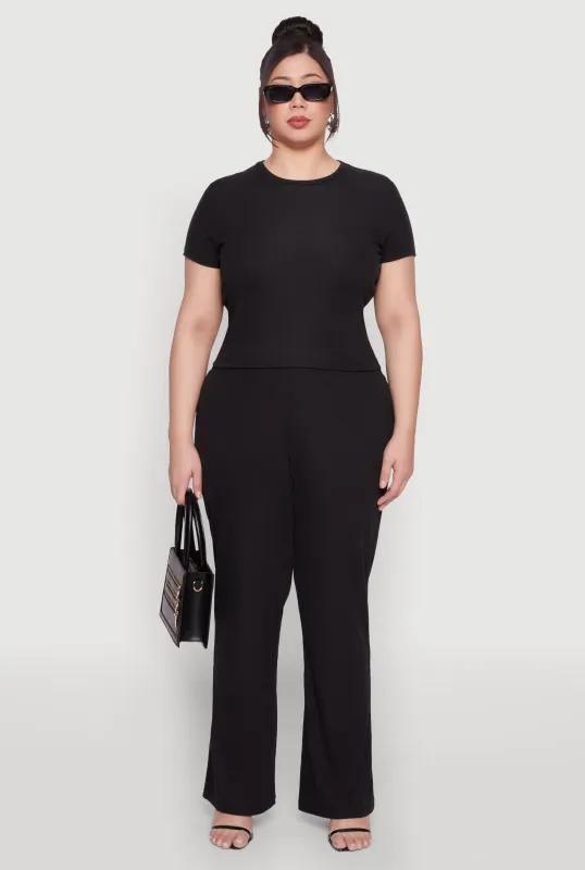 Plus Size Rib Knit Wide Leg Pants sold by Rainbow