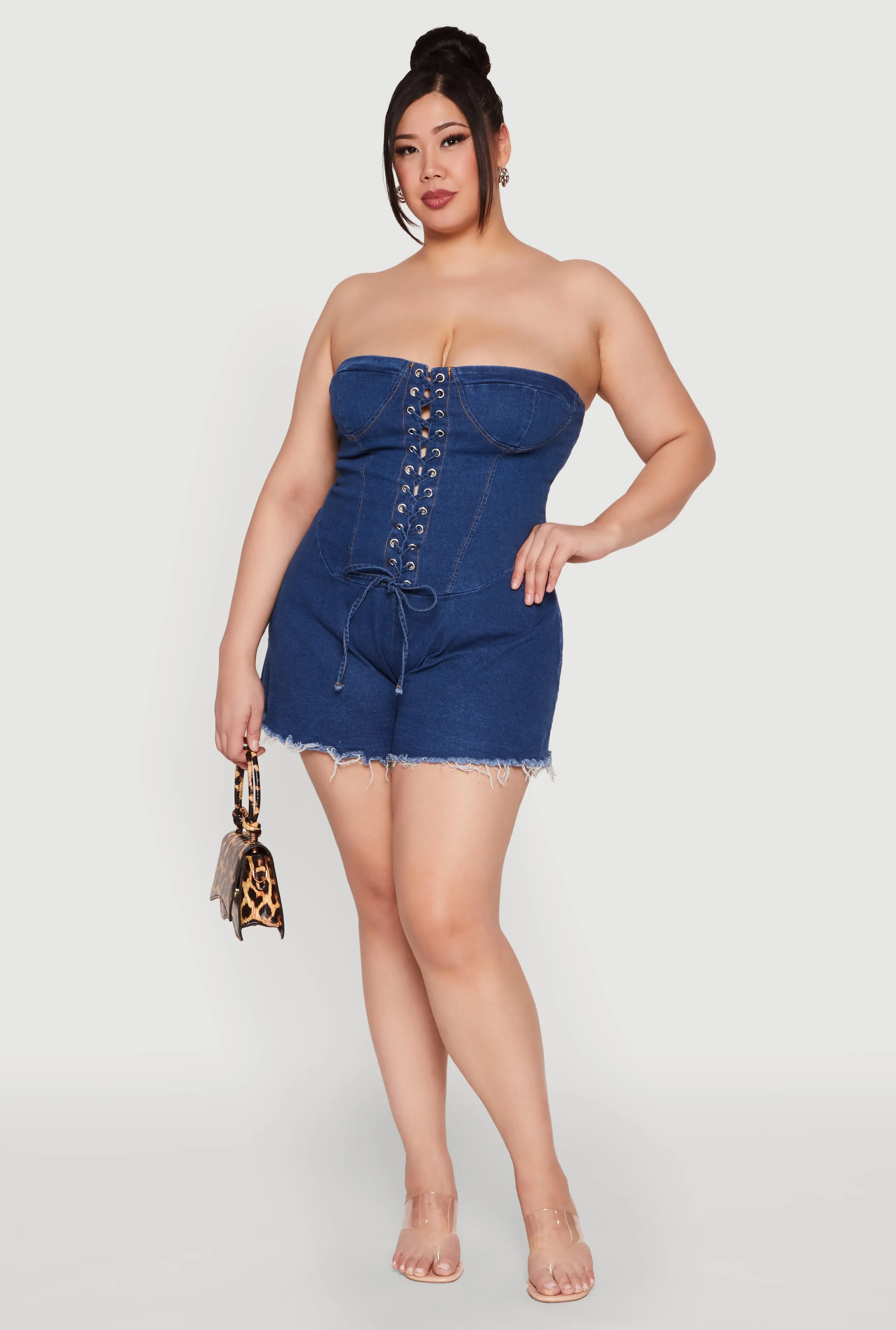 Plus Size Daisy Strapless Lace Up Denim Romper sold by Rainbow