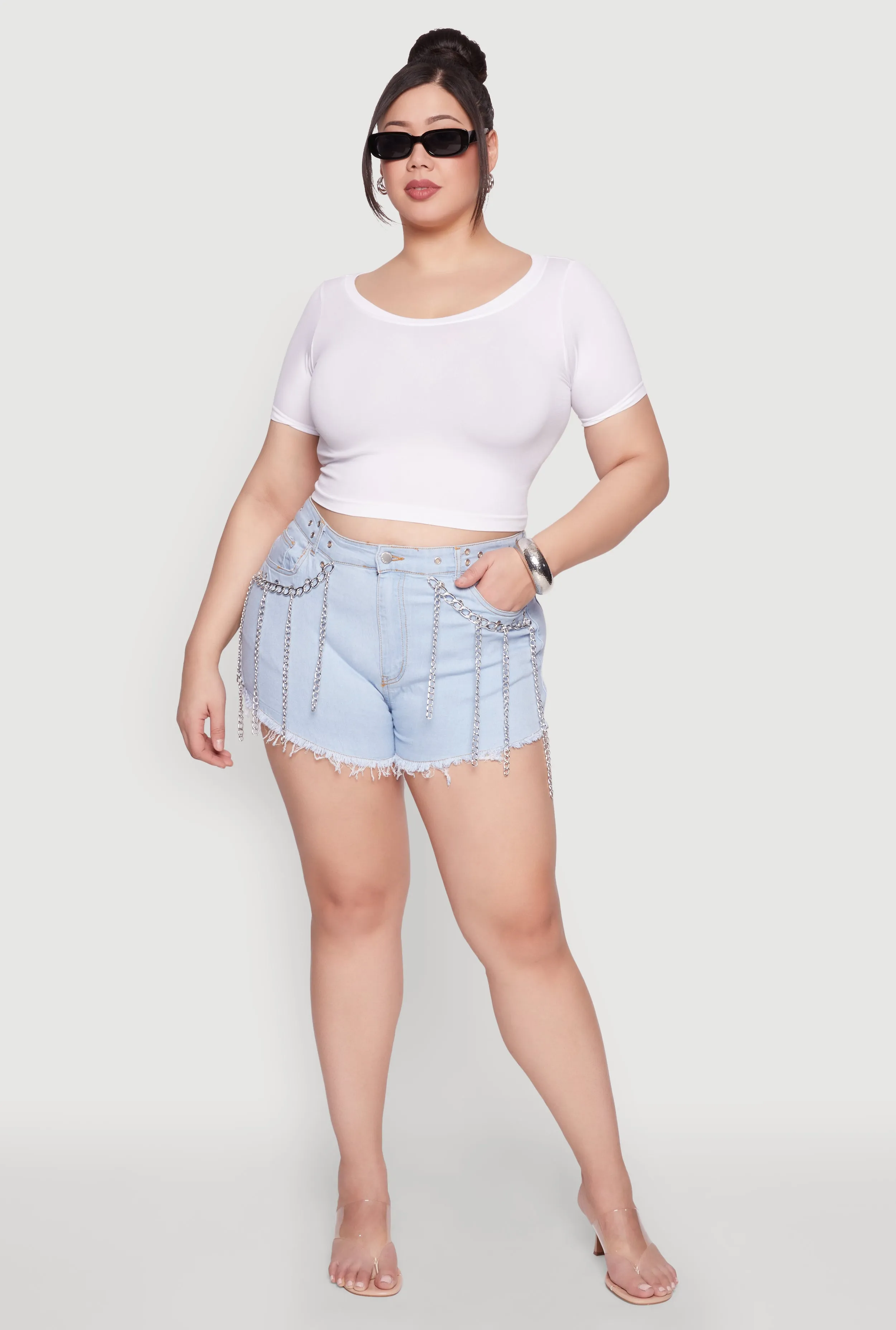 Plus Size Daisy Grommet Chain Fringe Denim Shorts sold by Rainbow product image thumbnail 2