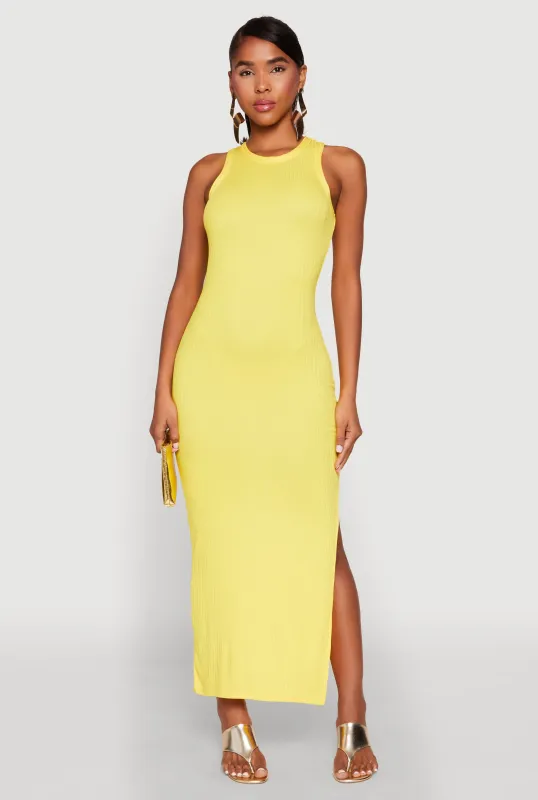 Ribbed Knit Side Slit Maxi Tank Dress sold by Rainbow