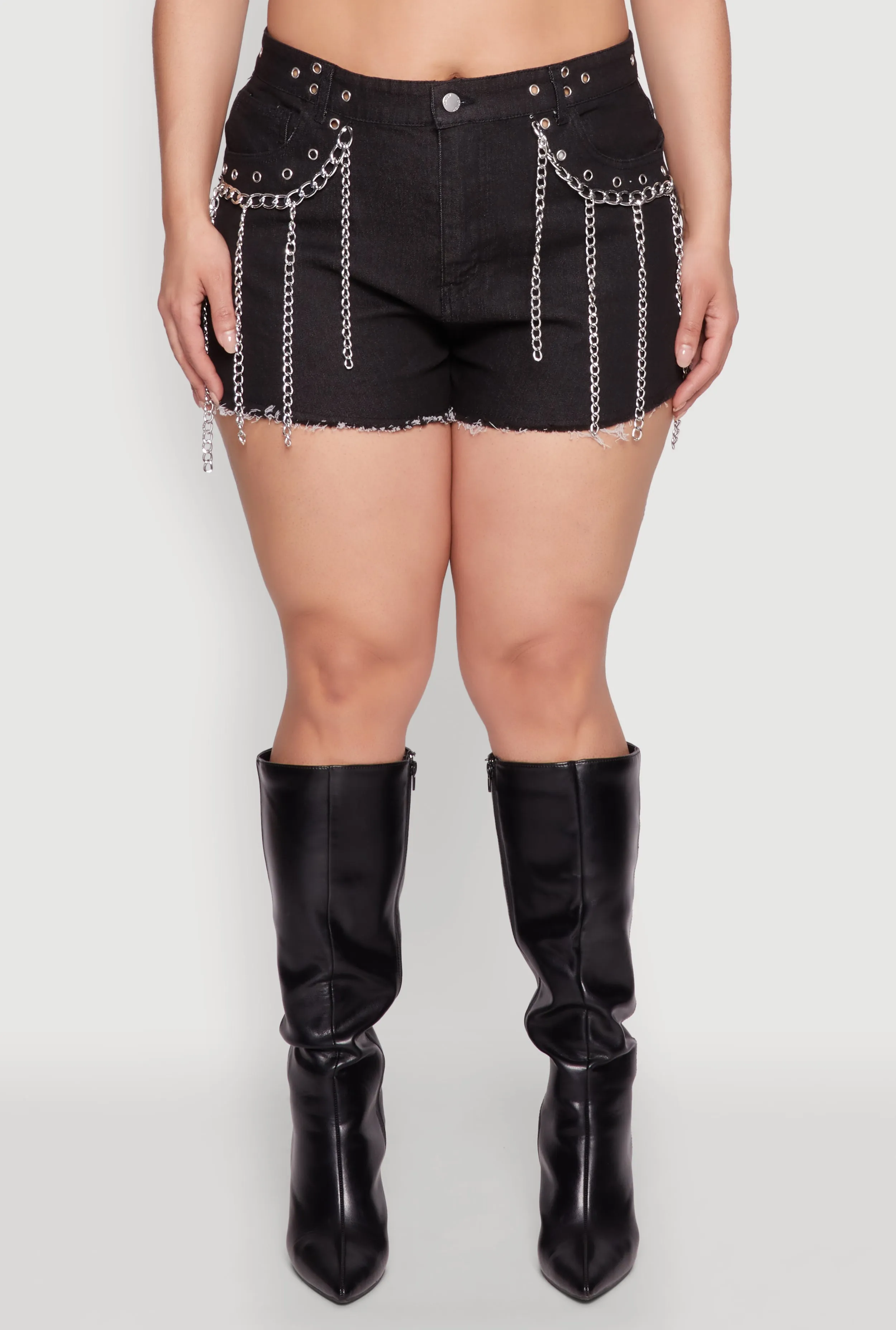 Plus Size Daisy Grommet Chain Fringe Denim Shorts sold by Rainbow product image thumbnail 5