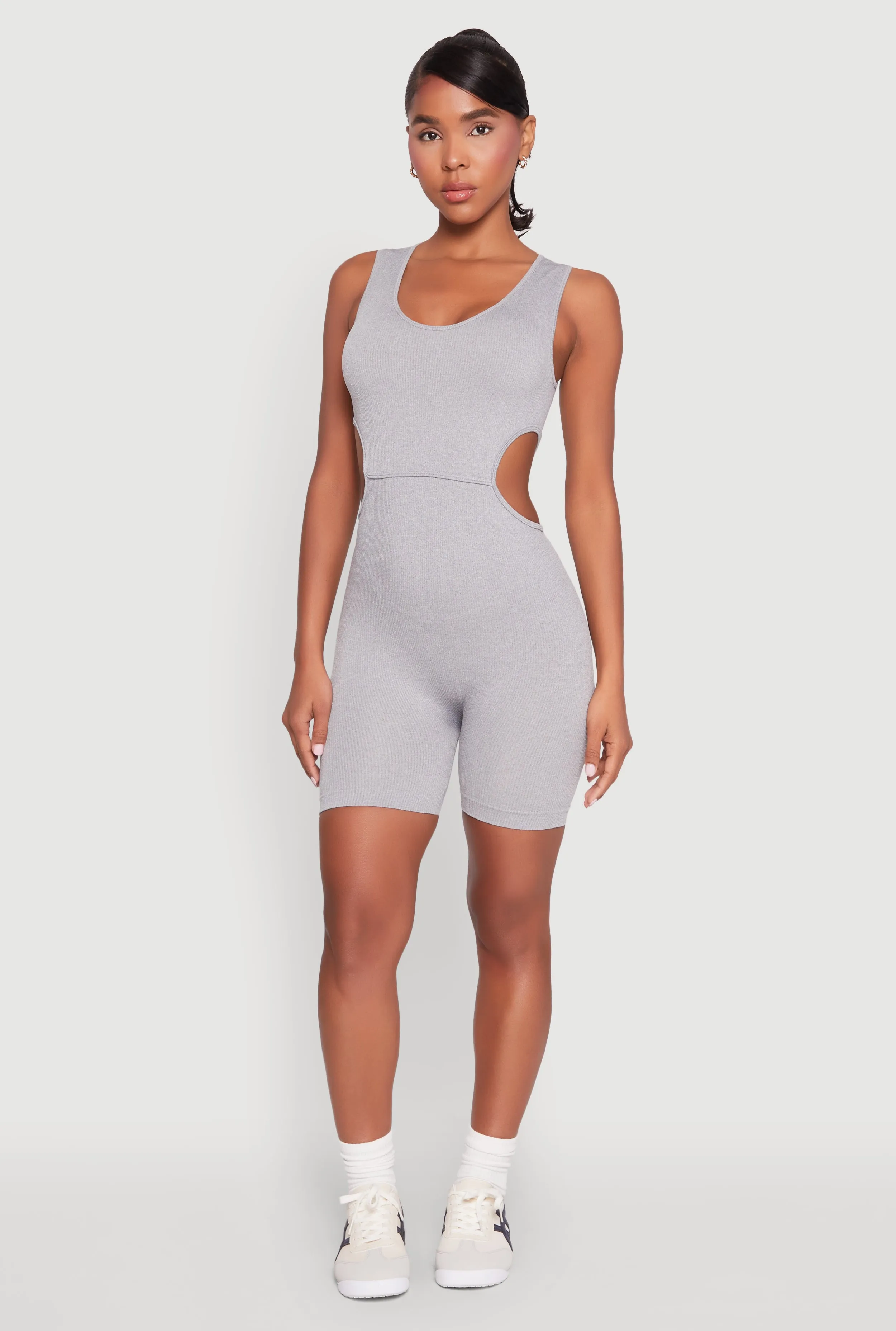 Ribbed Cut Out Side Biker Romper sold by Rainbow