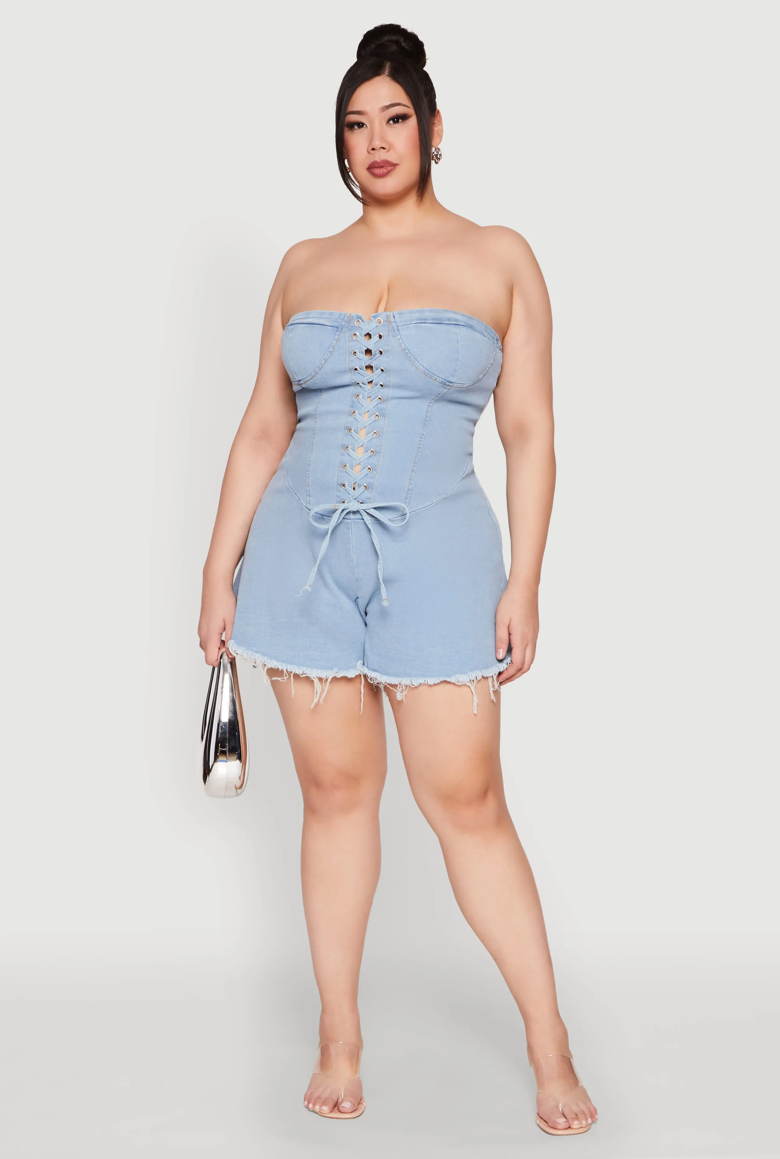 Plus Size Daisy Strapless Lace Up Denim Romper sold by Rainbow