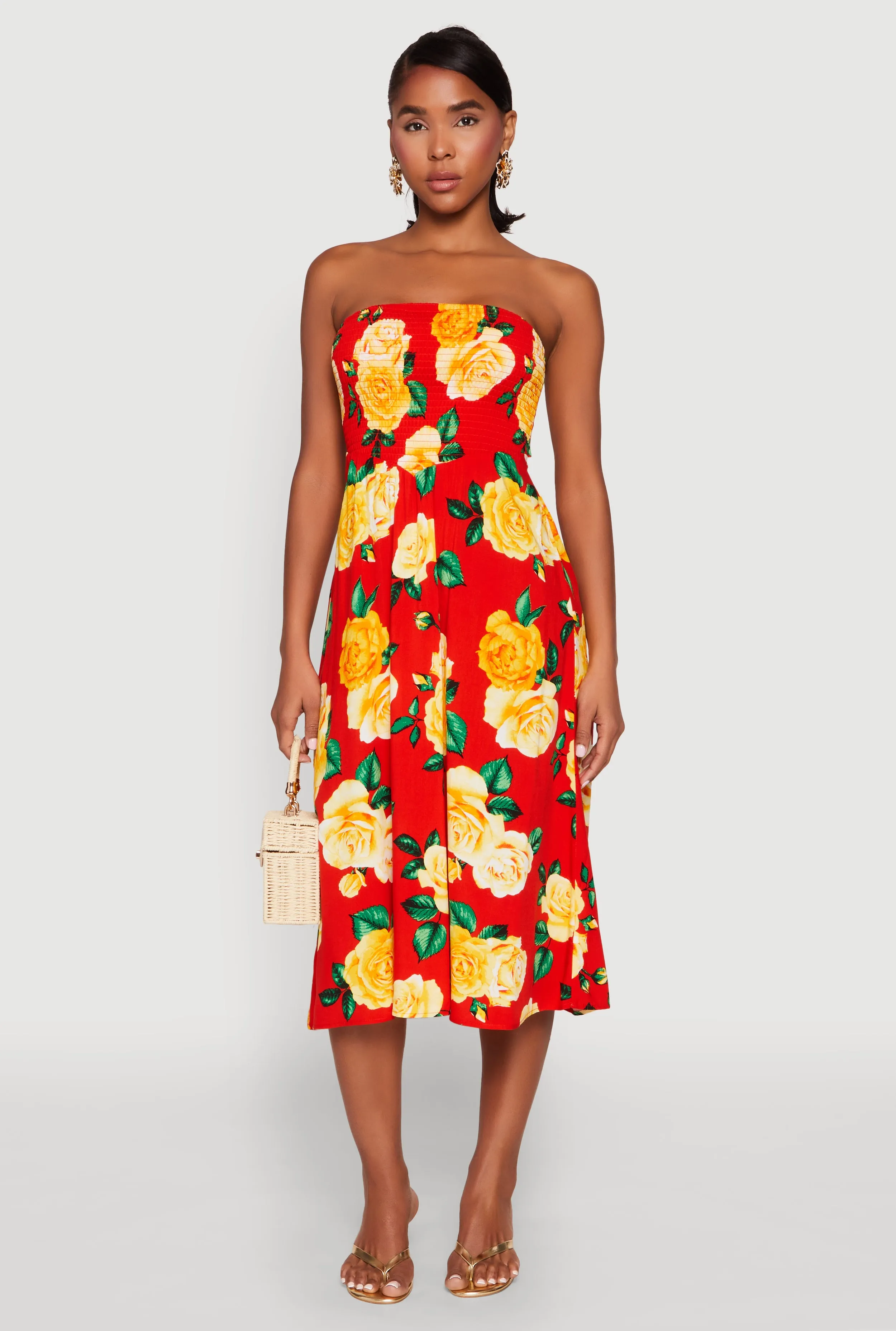 Almost Famous Floral Print Smocked Midi Dress sold by Rainbow