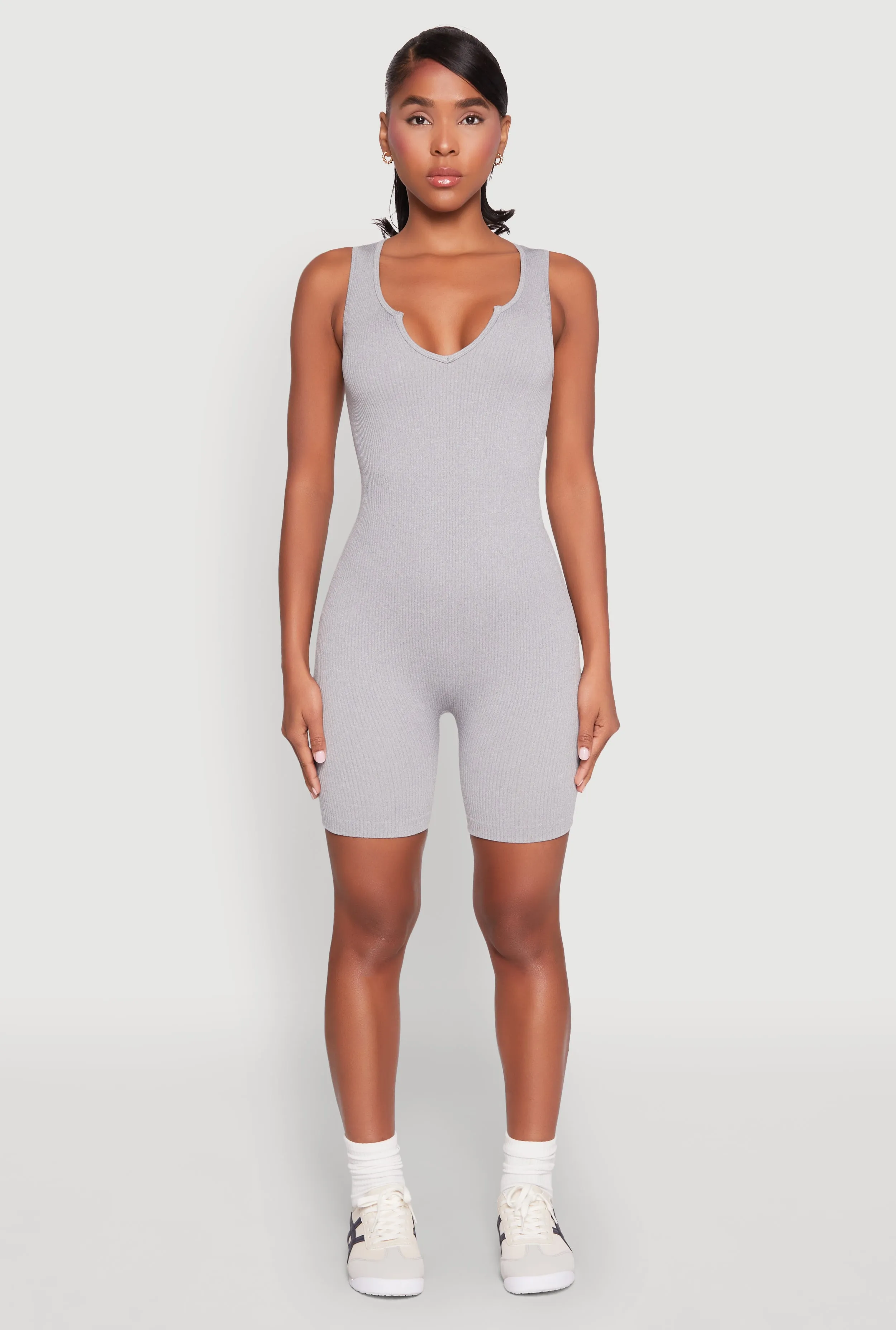 Ribbed Knit Notch Neck Romper sold by Rainbow