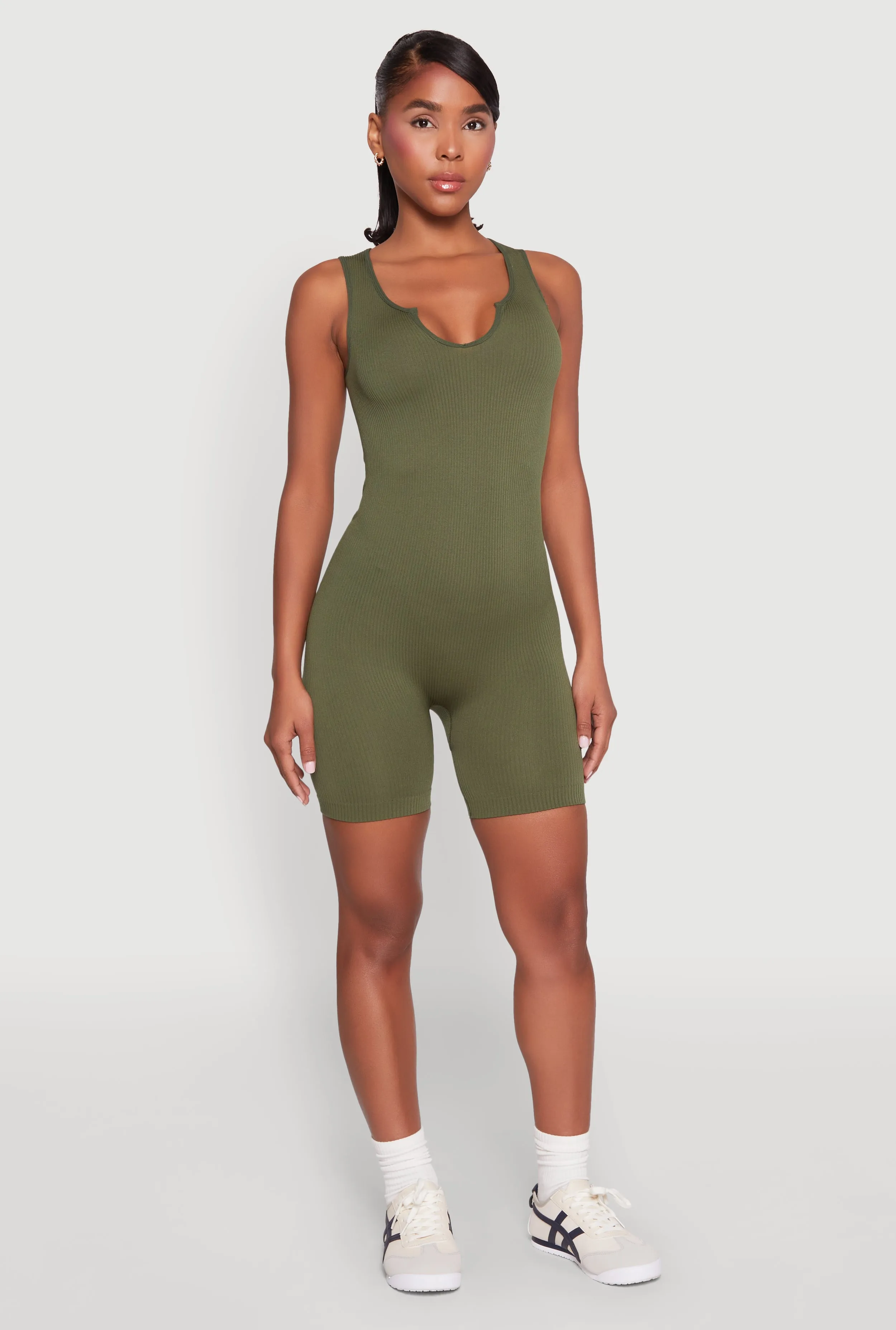 Ribbed Knit Notch Neck Romper sold by Rainbow