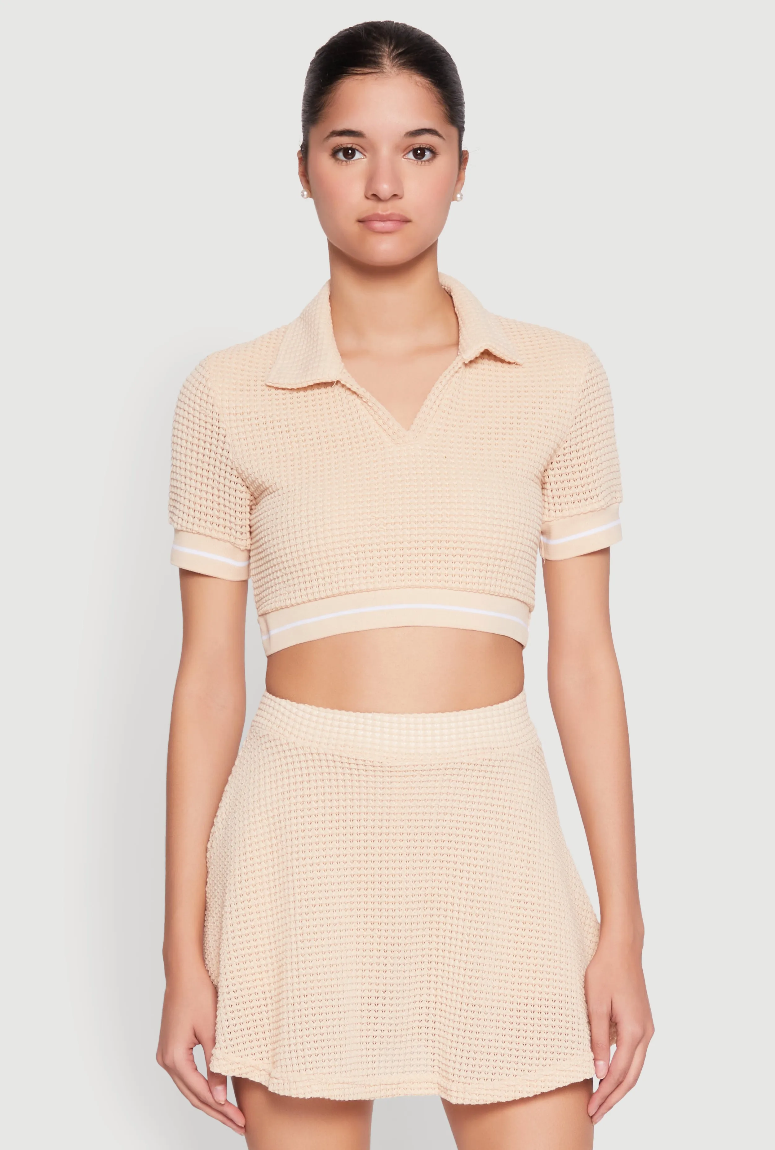 Textured Knit Johnny Collar Crop Top sold by Rainbow