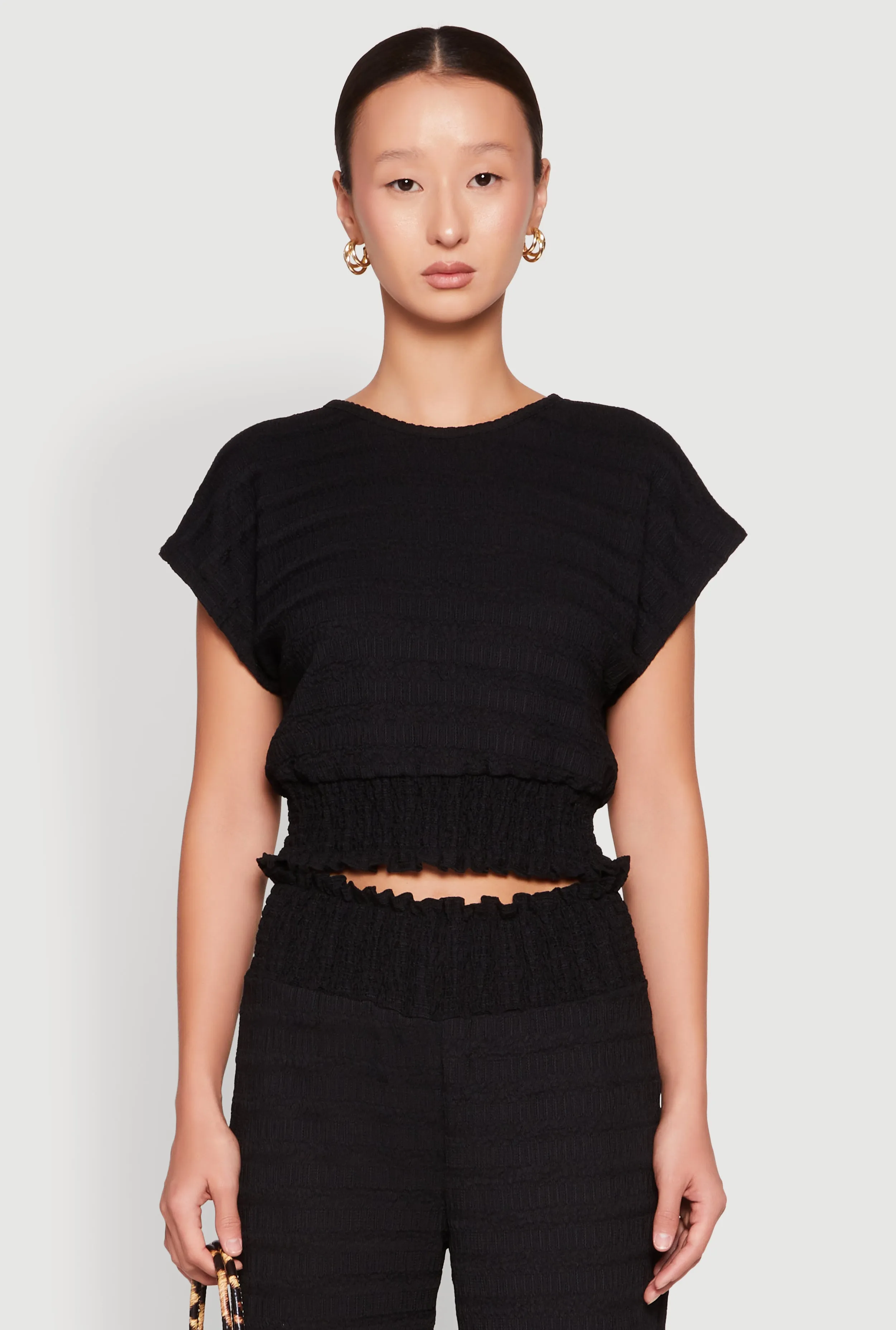 Textured Knit Smocked Waist Top sold by Rainbow