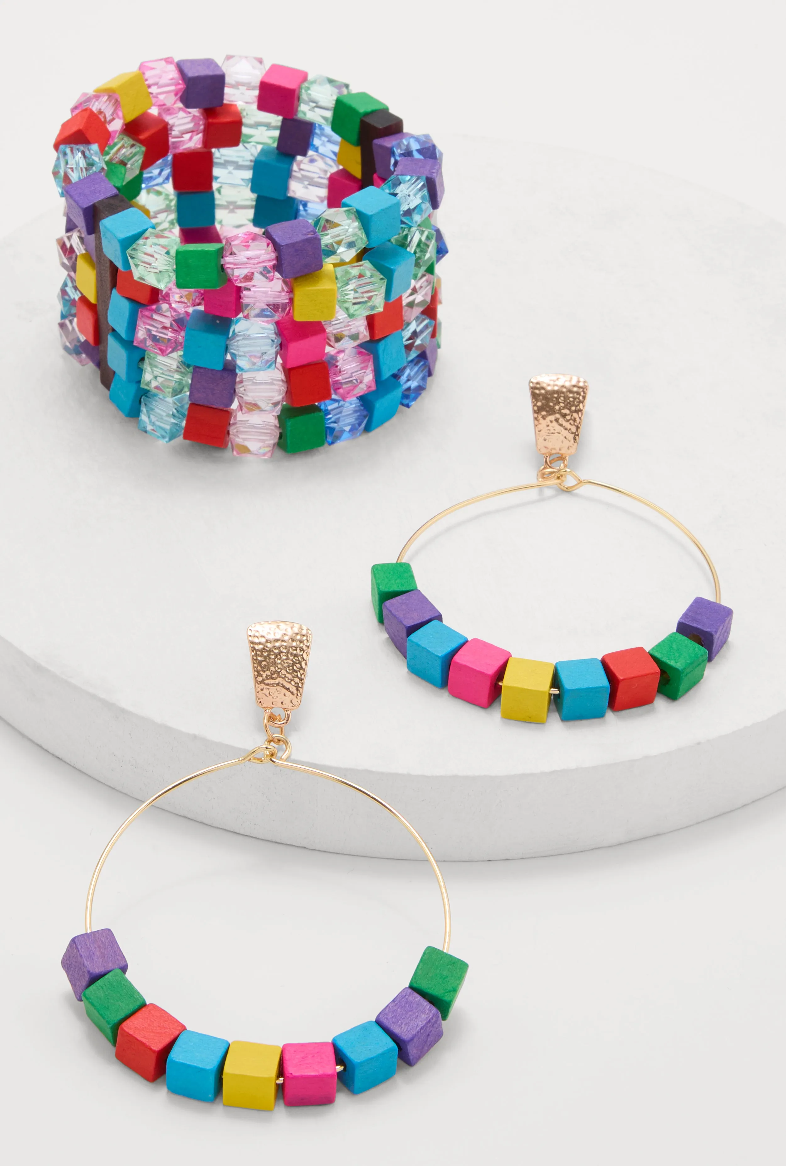 Wooden Layered Stretch Bracelet and Drop Hoop Earrings sold by Rainbow