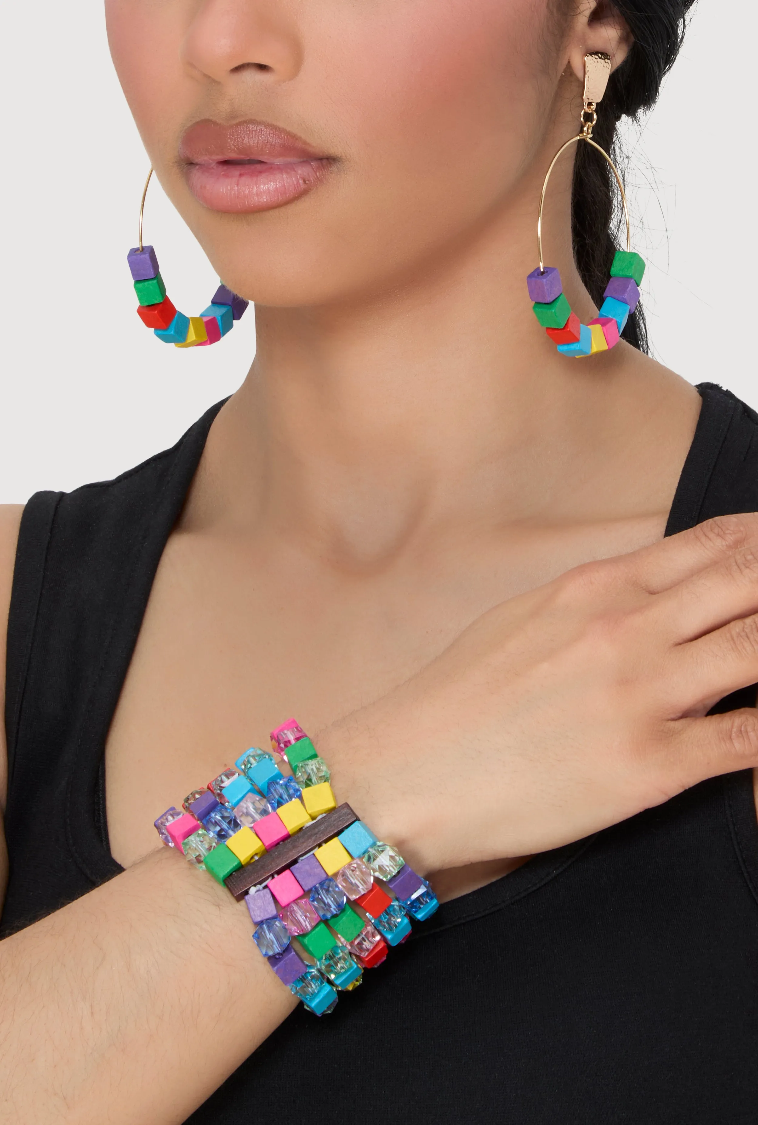 Wooden Layered Stretch Bracelet and Drop Hoop Earrings sold by Rainbow product image thumbnail 2