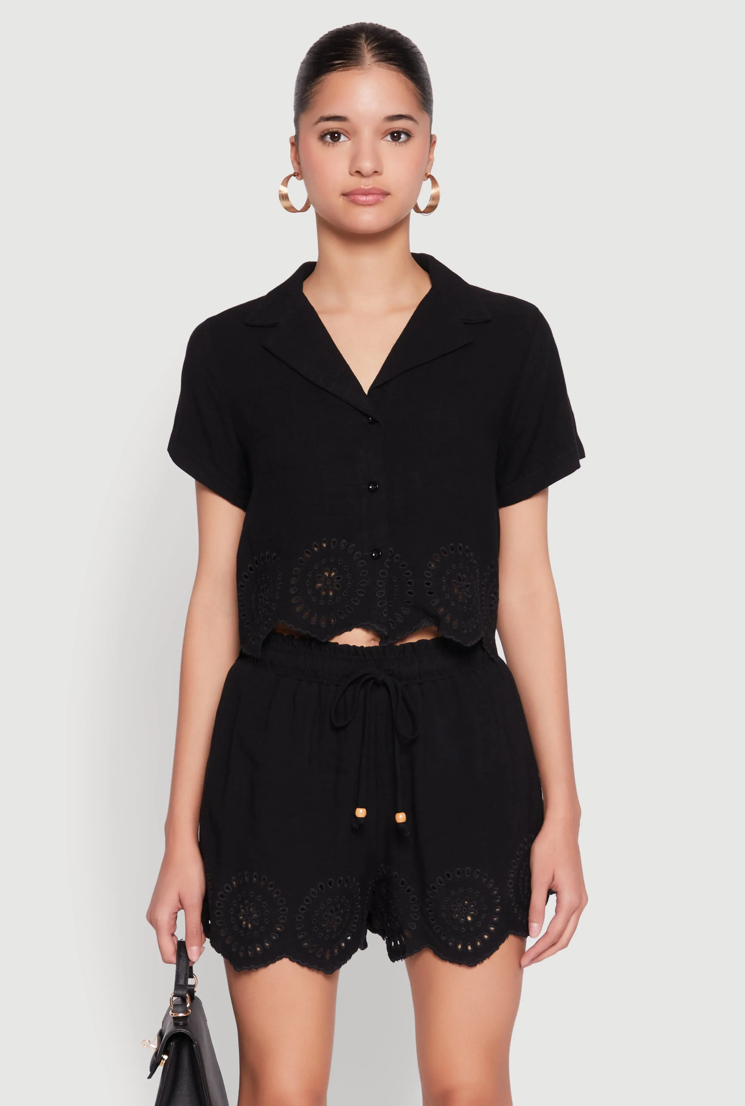 Haute Monde Eyelet Detail Cropped Shirt sold by Rainbow