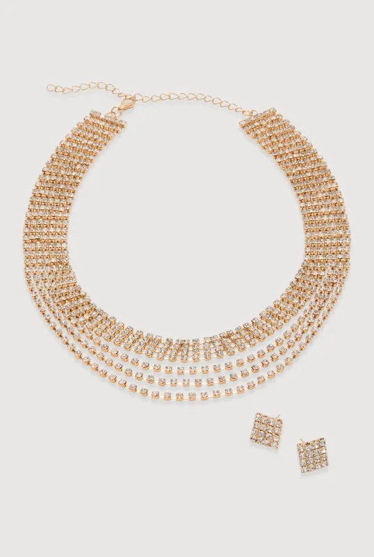 Rhinestone Layered Choker Necklace with Stud Earrings sold by Rainbow