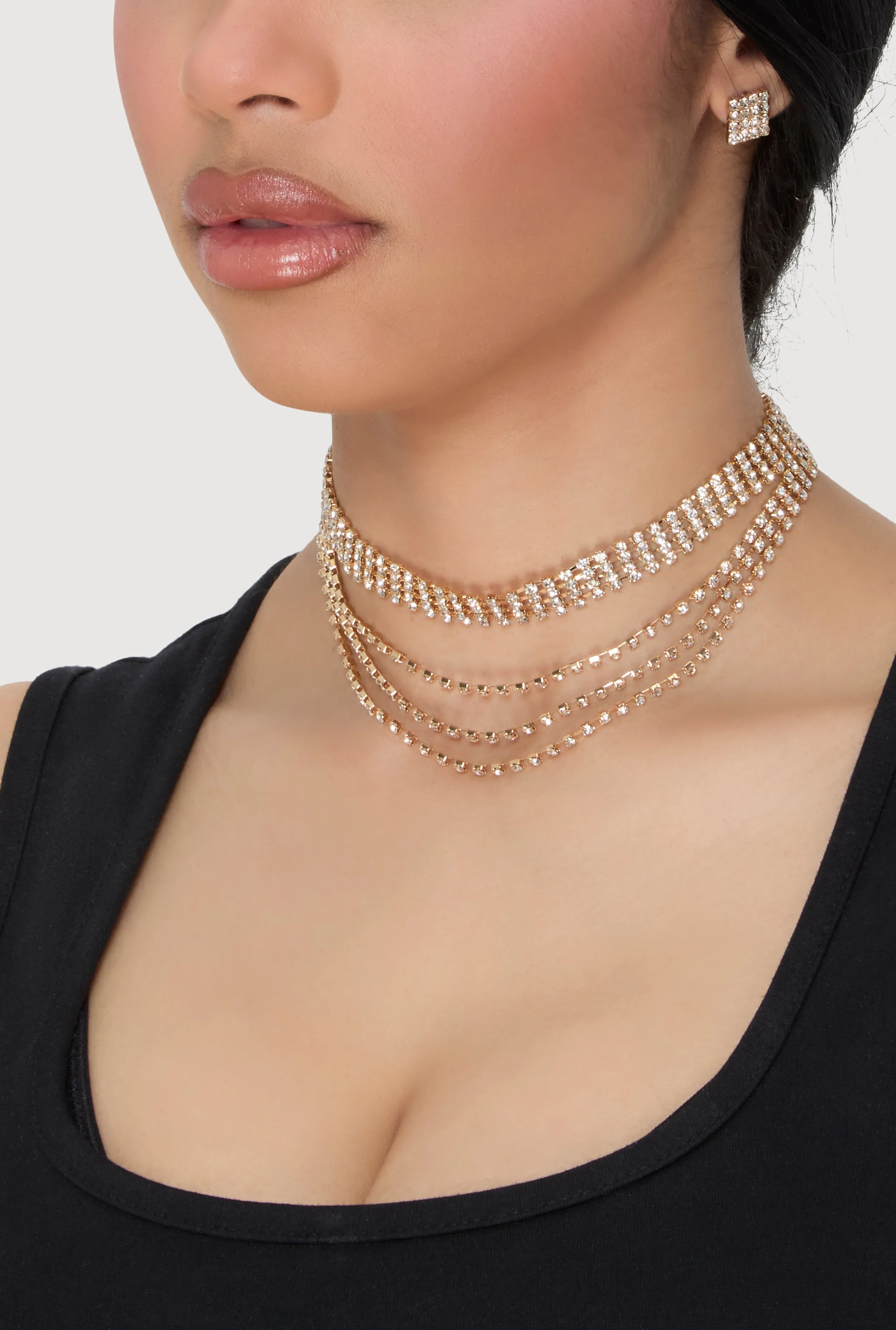 Rhinestone Layered Choker Necklace with Stud Earrings sold by Rainbow product image thumbnail 2